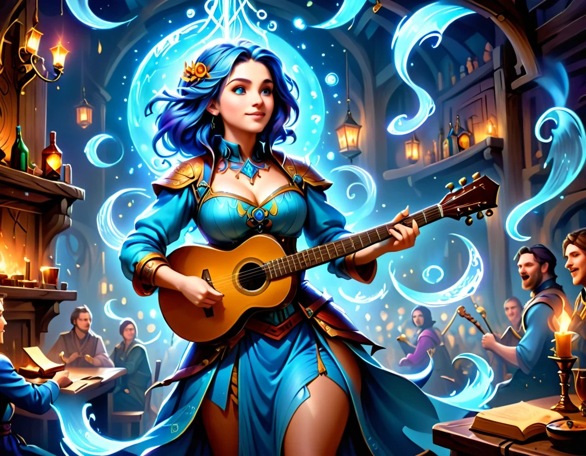 high details, best quality, 16k, [ultra detailed], masterpiece, best quality, (extremely detailed), full body, ultra wide shot, photorealistic, RAW, fantasy art, dnd art, fantasy art, realistic art,  an ultra wide, full body, a picture  of a human female  (intricate details, Masterpiece, best quality: 1.5) fantasy bard, fantasy enchanter,  playing a (guitar: 1.5)  and enchanting people in a tavern with magical song, colorful clothes, dynamic clothing, epic beautiful female human ((anatomically correct)) bard (intricate details, Masterpiece, best quality: 1.5), dynamic hair, tavern full of crowd, many people intricate details, Masterpiece, best quality: 1.3), bard playing guitar and enchanting audience (intricate details, Masterpiece, best quality: 1.5), candles light, fantasy chandelier, magical notes, magical runes in the air (intricate details, Masterpiece, best quality: 1.5),Cinematic Hollywood Film style, GlowingRunesAI_paleblue