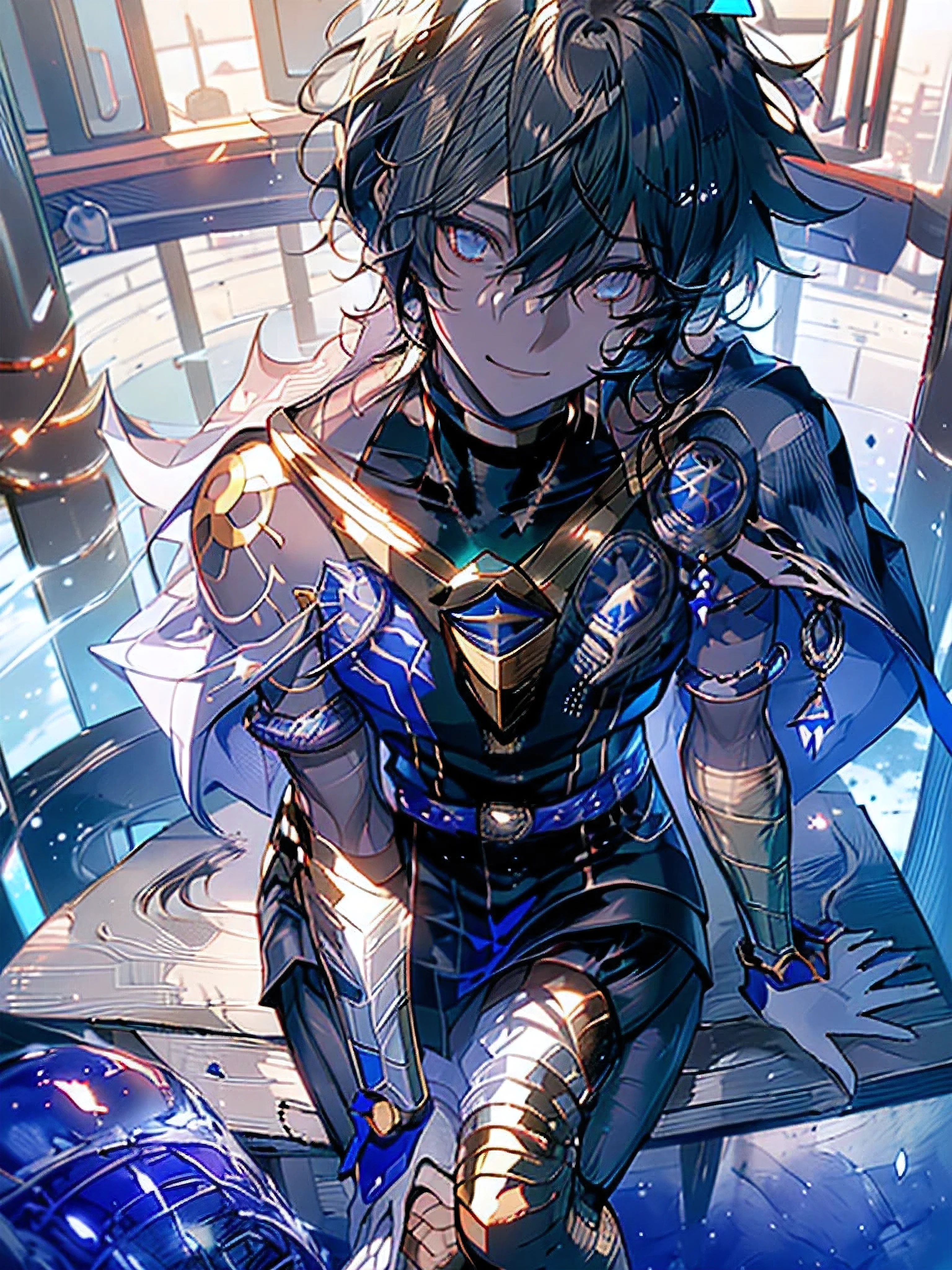 ((masterpiece)), (((HDR))), ((best quality)), (ultra high quality), (hi-res), ((absurdres)), ((1man)), (arjuna alter (fate)), arjuna alter - third ascen (fate):1.3), ((short black hair)), ((black shirt, sleeveless, blue capelet, neck ring, jewelry, armlet, golden gauntlets, white gloves, tattoo, short blue horns)), perfect body, perfect anatomy, long legs, (((thigh gap))), (smile), cute, facing camera, (sitting), ((looking up at camera)), ((dynamic)), in a field, outside, daytime, additional lighting, sunlight on face, noon, bright sun,