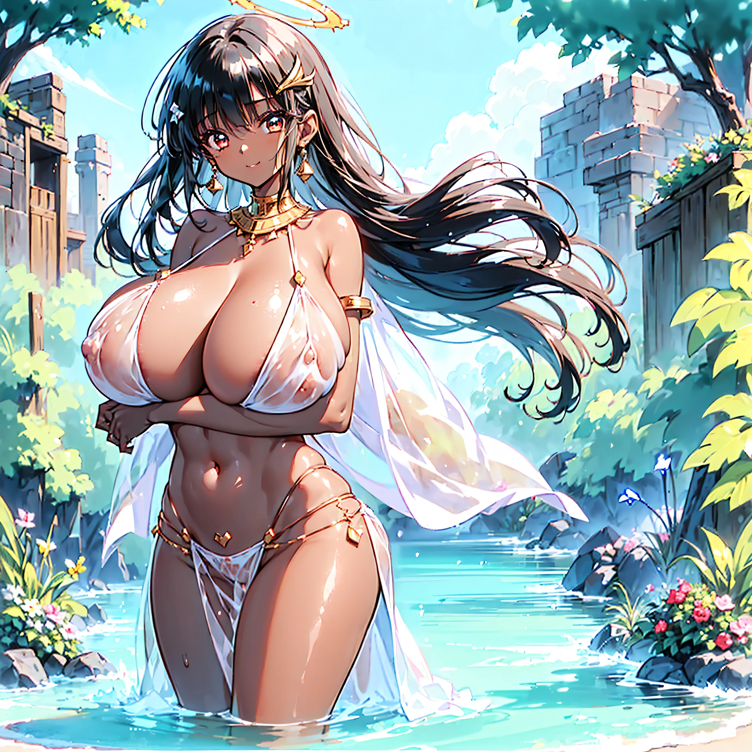 NSFW((((1girl))))(dark skin){(masterpiece,(watercolor style: 1.3), (highest anime quality)} , {high resolution)}, Entertainment at the reception (((Giant ))),((Vulgarity)), (1girl), (((See-through Dress))((Vulgarity))(Rutting)(Sweat)(Masterpiece)(High Quality)), (Giant Breastserpiece, Top Quality, Ultra Fine, (1girl), (((Giant Breasts))), ((ity))) (1 girl)), (((tanned skin))(((huge tits))), (((huge titscurvy)),(masterpi 1.3), (best quality, ultra high res, 64K: 1.2), anime style, best ality, masterpiece, ultra detailed, extremely detailed, hyper realistic, perfect lighting, perfect hands, perfect finger, Break, from front, upper body shot, looking at viewer, Break, 1 girl, solo, (dark skin:1.2), anime eyes, golden eyes, detailed eyes, big eyes, intense eyes, sparkling eyes, Break, black hair, long hair, (wavy hair:1.2), bangs, full lips, smile, Break, egyptian dress, (pharaoh:1.2), big emerald necklace, golden ornaments, golden arm ornament, golden anklet,(See-through loincloth:1.2), (lace:1.2), (cleavage,:1.2), underboob, navem breasts, slender body type, Break standntrapposto, (crossed arms:1.2), (detailed beautiful body:1.23), Break, glitter background, halo,
