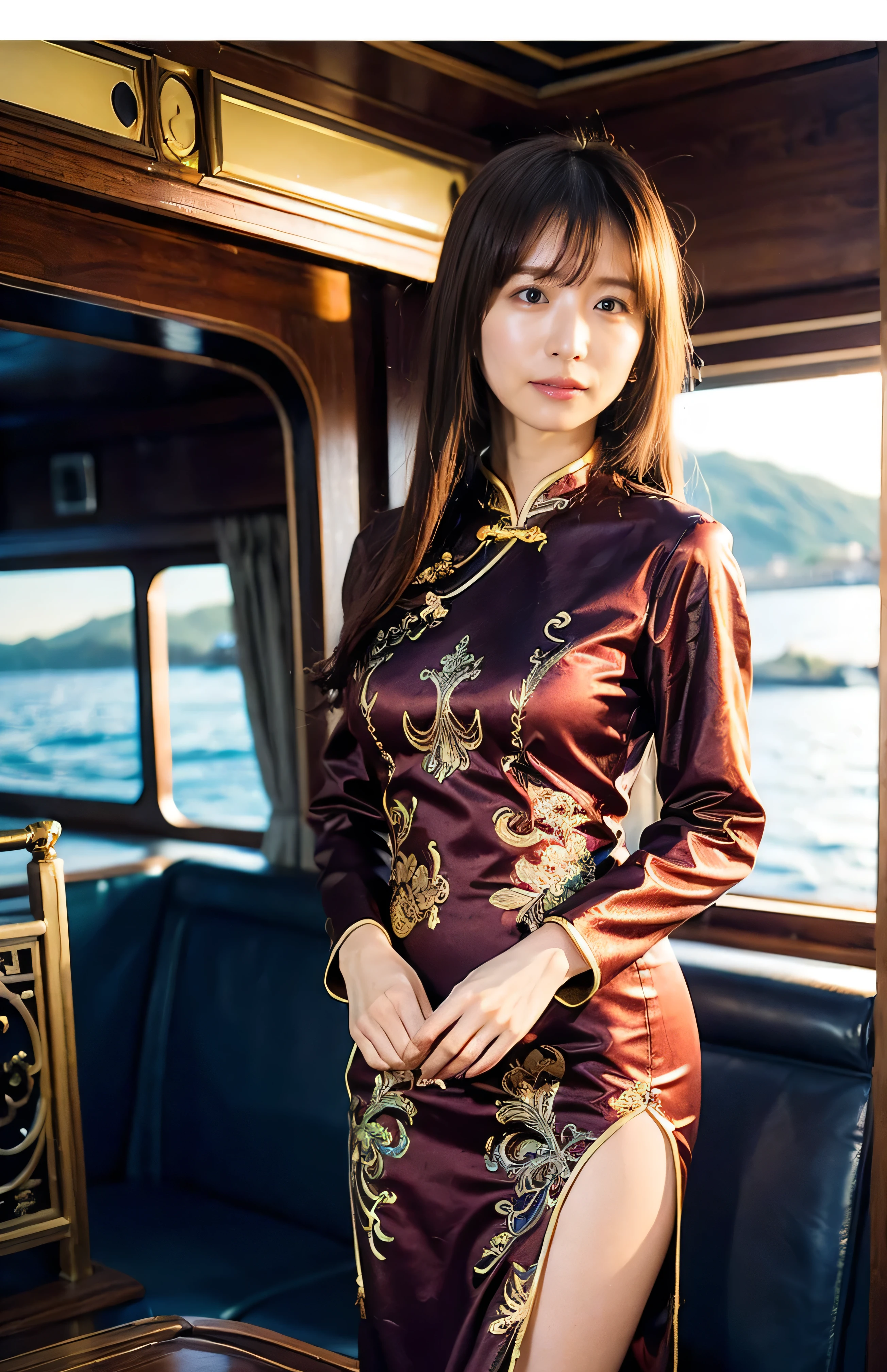 The sky turns red、((hair ornaments:1.5)).A gorgeous gold embroidered Chinese dress、hair ornaments、Tie your hair elegantly、Gorgeous silk cheongsam、((Standing on a boat and posing sexy、Luxurious and shiny navy-colored Chinese dress with embroidered long skirt:1.4)).A luxurious and shiny silk cheongsam、A luxurious navy blue cheongsam with embroidery、Woman standing on a boat、Light brown hair、Elegant hairstyle、Blue Eyed Woman、A woman with a cute upward gaze、When the sky gets dark、The gentle light of the ship shines、The sky turns red as the sun sets、Tight clothing that shows your body lines、、Elegant navy blue summer knit、Elegant black summer sweater、Short skirt、Dress elegantly着こなす、Luxury Bagedium Shorthair:1.4))、Skyscrapers seen across the sea、Manhattan 私sland is visible offshore、Woman on a sightseeing boat、、The sun shines on her、Light brown hair、Light brown hair、The sky was dyed red、There are clouds、private's cute、An elegantly dressed woman is sitting on a boat and watching the sunset、Her ample breasts are obvious even through her clothes..、The shining sun is so beautiful、Dusk is approaching、Lens flare、I can see the sunset、((Sunlight reflecting off the ocean、Ocean View、The sun shines on the sea、'beautiful.、Small earrings、private'evening、Birds are also flying、、Brown Hair Color、Tying up hair、The woman is on the right:1.4))、Luxury Leather Belts、Shiny clothes、Light beige hair color、Background Blur、Braid only the front hair、Light brown hair、{{Cowgirl Shot}}、((Close-up shot from the waist up、Ample breasts:1.4))、Smile、Silk clothing、Ample breasts that can be seen even through clothes、Braid only the front hair、Cowboy Shot、Gorgeous white collared silk shirt and brown skirt、Dress elegantly、Luxury Bags、A lovely smile、((Ample breasts))、Full body photo、ring、Short skirt、Tuck your hair behind one ear、Silver Necklace、smile、 Elegant ponytail、Caustics、Highly detailed photos、Very beautiful and ideal short hair、Super no makeup、(8k、RAW Photos、highest quality、masterpiece:1.2)、(Realistic、Realistic)、1 girl、((Medium Short Hair、Looking into the camera:1.4))、Hair blowing in the wind