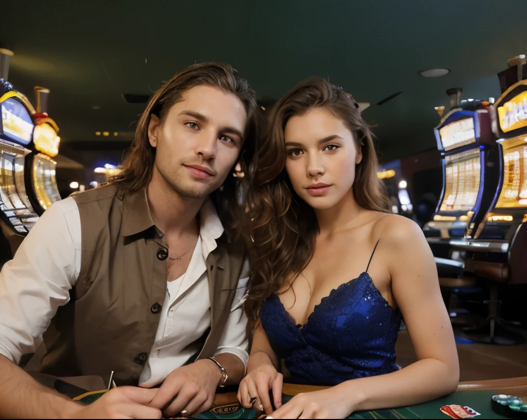 (((attractive man and woman playing blackjack at a casino))), ((handsome 35 year old desirable caucasian man with distinguished features, light brown medium length hair, cropped sides, clean shaved face, intriguing green eyes, stylish attire)), ((beautiful 30 year old caucasian woman, athletic, tan, long very curly brown hair, bright blue eyes, cocktail dress)), bright indoor lighting masterfully accentuates their excellent features