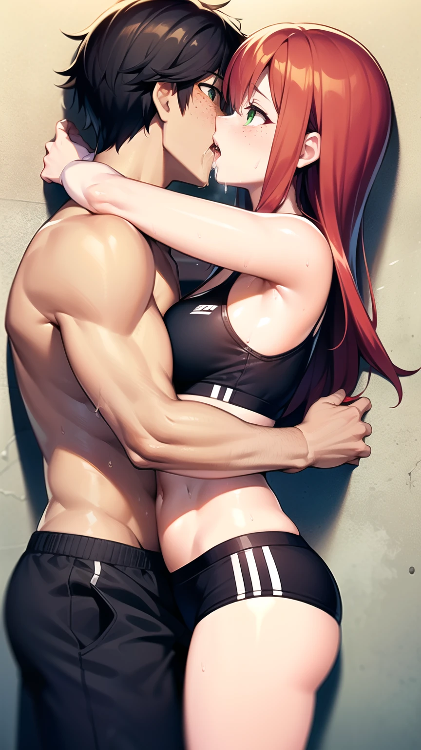 1girl, 1man, duo, a man with long red hair and green eyes and freckles getting force to mate with a girl with black hair, man get pinned by a girl, kissing, saliva, Drooling, blushed, pinned into the wall, hair pulling, aroused, shirtless man, man wearing sweat pants, girl wearing sport bra, 