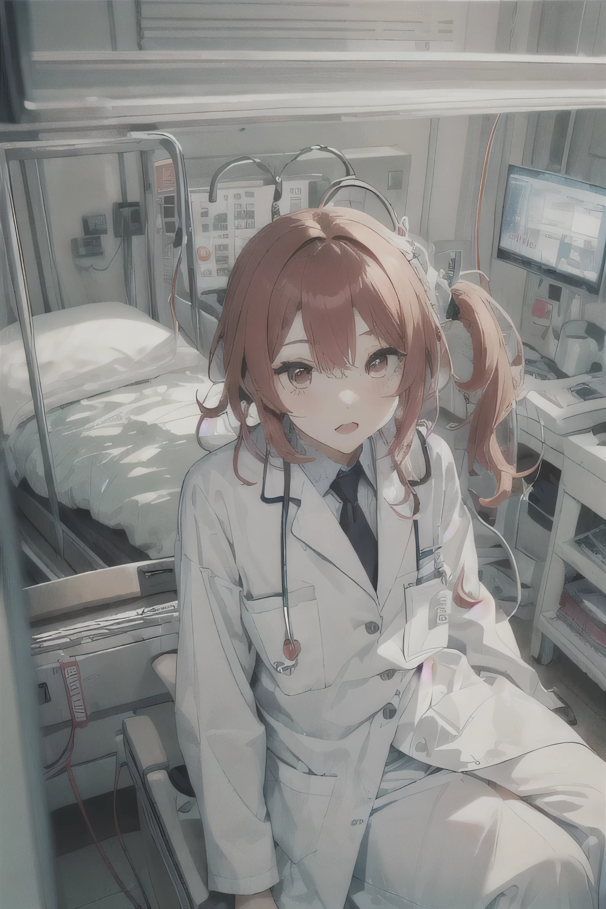 1 girl, Redhead, Facial hair, Red eyes, 8k, masterpiece, sexy、erotic、High Contrast、cute、hospital、Hospital room、doctor coat、underwear、