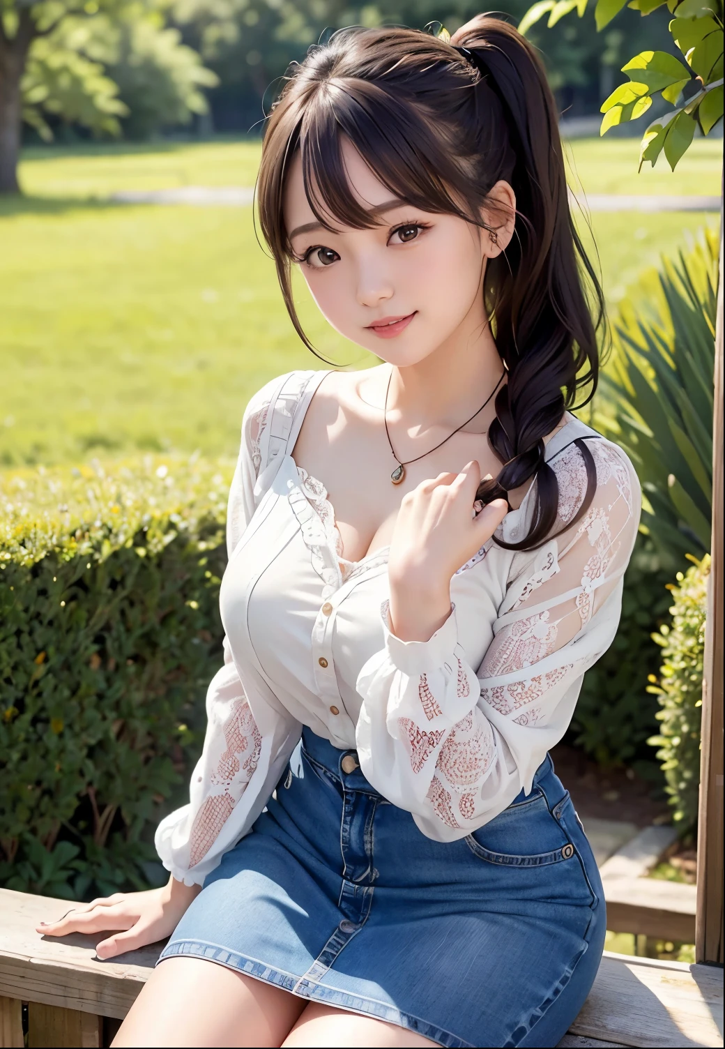 (highest quality,masterpiece:1.3,Ultra-high resolution),(Very detailed、Caustics) (Realistic:1.4, RAW shooting、)Ultra-Realistic Capture、Very detailed、Natural skin texture、masterpiece、(Japanese girl in a lace blouse and jeans skirt:1.3)、Adorable expression、Expressions of happiness、14 years old、height: 148cm、Young Face、Amazingly cute、Twin tail hairstyle、Curly Hair、Scrunchie、necklace、Black Hair、light makeup、Slightly large chest、Shining thighs、Shining ass、Photo shoot in a private garden、Background details、smile、An inviting gaze、Anatomically correct、Cowboy Shot、Attention to detail、Sexy and cute pose