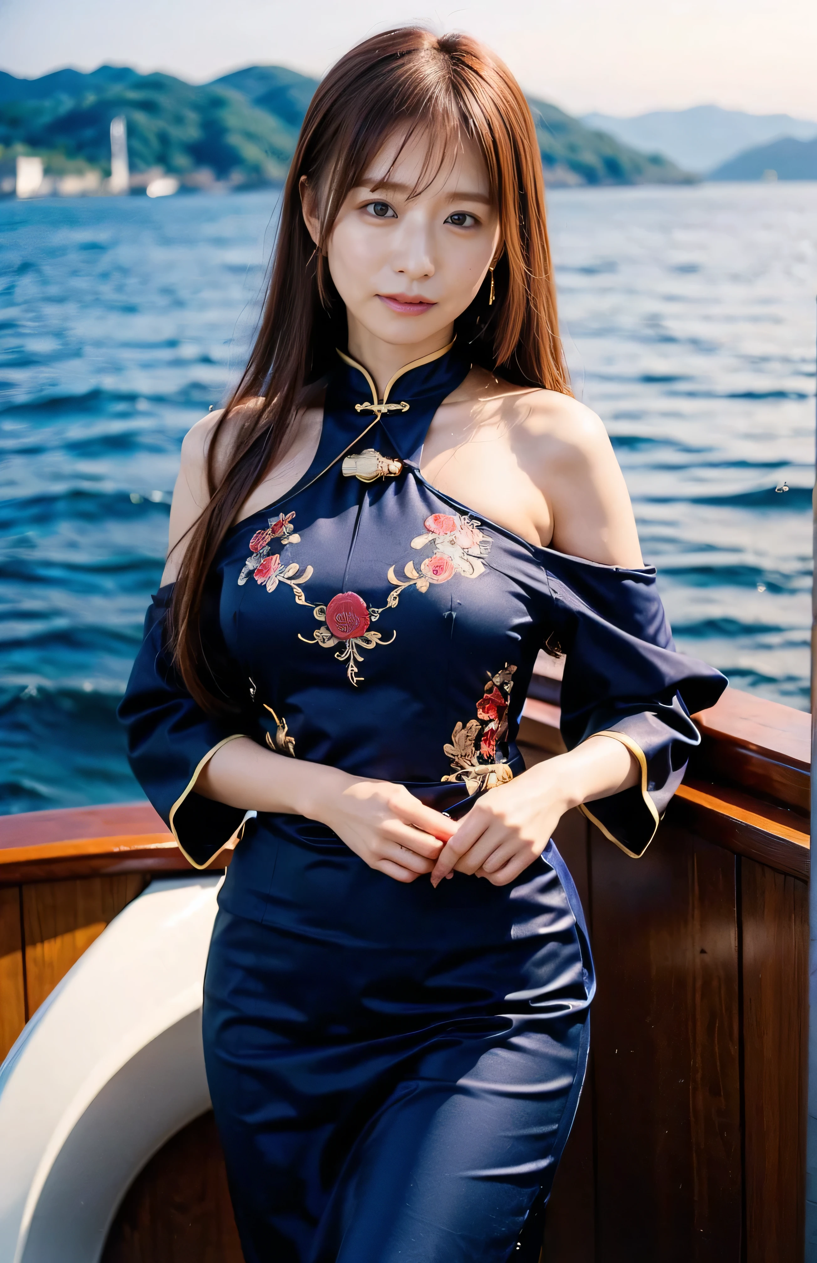 The sky turns red、((hair ornaments:1.5)).A gorgeous gold embroidered Chinese dress、hair ornaments、Tie your hair elegantly、Gorgeous silk cheongsam、((Standing on a boat and posing sexy、Luxurious and shiny navy-colored Chinese dress with embroidered long skirt:1.4)).A luxurious and shiny silk cheongsam、A luxurious navy blue cheongsam with embroidery、Woman standing on a boat、Light brown hair、Elegant hairstyle、Blue Eyed Woman、A woman with a cute upward gaze、When the sky gets dark、The gentle light of the ship shines、The sky turns red as the sun sets、Tight clothing that shows your body lines、、Elegant navy blue summer knit、Elegant black summer sweater、Short skirt、Dress elegantly着こなす、Luxury Bagedium Shorthair:1.4))、Skyscrapers seen across the sea、Manhattan 私sland is visible offshore、Woman on a sightseeing boat、、The sun shines on her、Light brown hair、Light brown hair、The sky was dyed red、There are clouds、private's cute、An elegantly dressed woman is sitting on a boat and watching the sunset、Her ample breasts are obvious even through her clothes..、The shining sun is so beautiful、Dusk is approaching、Lens flare、I can see the sunset、((Sunlight reflecting off the ocean、Ocean View、The sun shines on the sea、'beautiful.、Small earrings、private'evening、Birds are also flying、、Brown Hair Color、Tying up hair、The woman is on the right:1.4))、Luxury Leather Belts、Shiny clothes、Light beige hair color、Background Blur、Braid only the front hair、Light brown hair、{{Cowgirl Shot}}、((Close-up shot from the waist up、Ample breasts:1.4))、Smile、Silk clothing、Ample breasts that can be seen even through clothes、Braid only the front hair、Cowboy Shot、Gorgeous white collared silk shirt and brown skirt、Dress elegantly、Luxury Bags、A lovely smile、((Ample breasts))、Full body photo、ring、Short skirt、Tuck your hair behind one ear、Silver Necklace、smile、 Elegant ponytail、Caustics、Highly detailed photos、Very beautiful and ideal short hair、Super no makeup、(8k、RAW Photos、highest quality、masterpiece:1.2)、(Realistic、Realistic)、1 girl、((Medium Short Hair、Looking into the camera:1.4))、Hair blowing in the wind