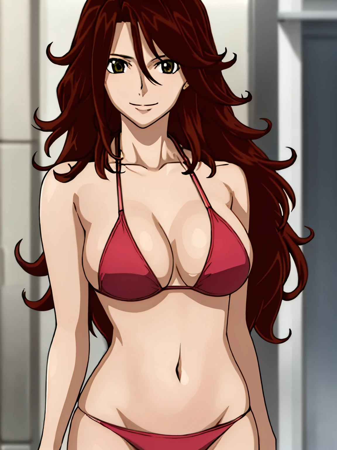 1girl, blunt bangs, very happy, smile, very high resolution, very high quality, cowboy shot, red bikini top, (brown hair:1.2, very long hair), very long hair, looking at viewer, smile, highly detailed background with titration screen and spot lights, (photo realistic:1.2), very  detailed eyes, red eyeshadow, depth of field, (solo:1.2), (cyberpunk city:1.1), cleavage, skinny shoulders, groin, thighs, (finger on lips:1.1),Shiny skin, standing, push up breasts, defined breasts, ( strong arm muscles, pale skin, hands on hips, navel, skinny arms, slim arms, toned arms)