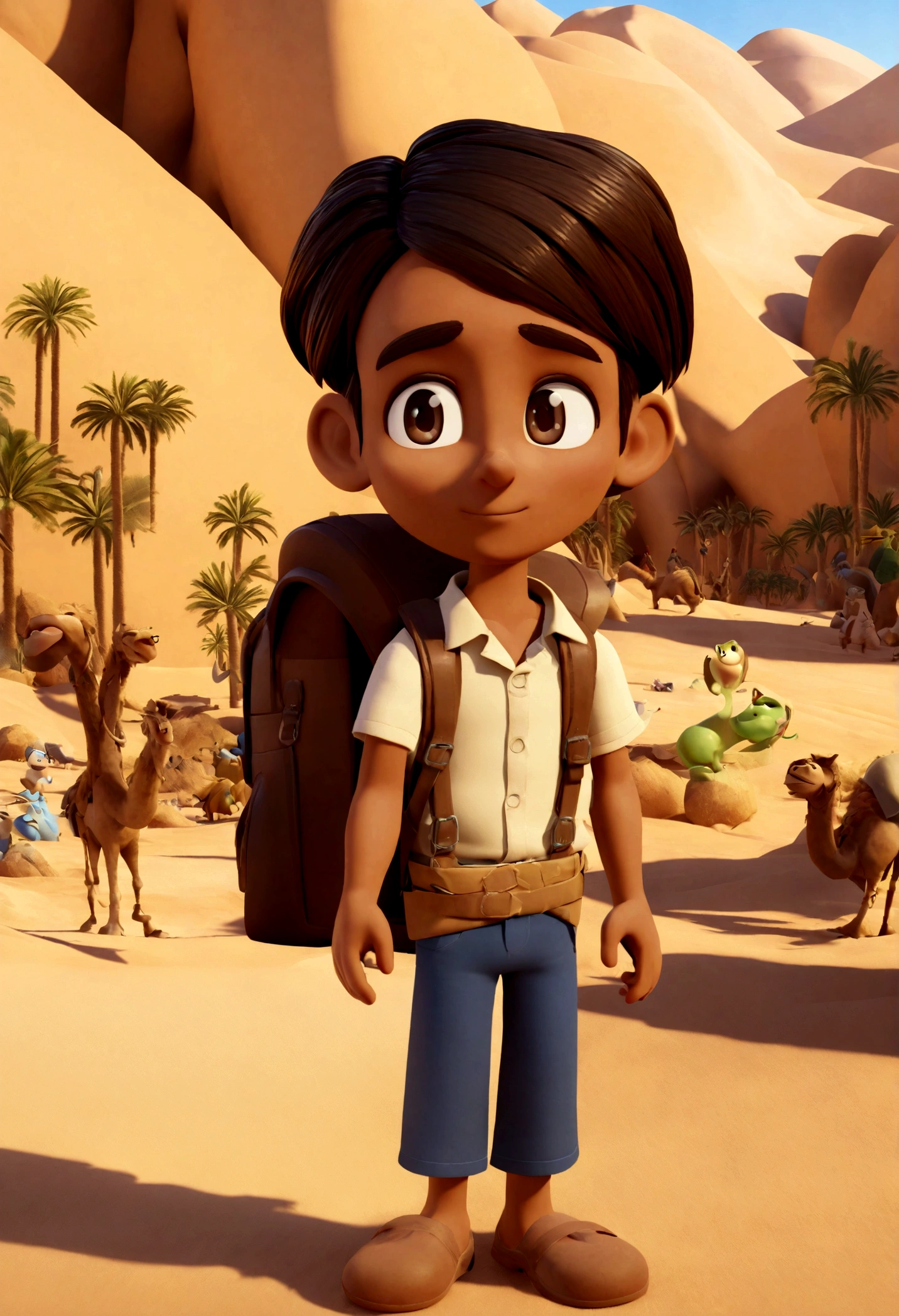 Create a Disney Pixar-style 3D poster. 1 boy with a backpack on his back and has brown skin and dark brown hair and dark brown eyes, they are in the middle of the desert and are surrounded by Bedouins, in the background there is an oasis, warm colors in the Disney PIXAR 3D style