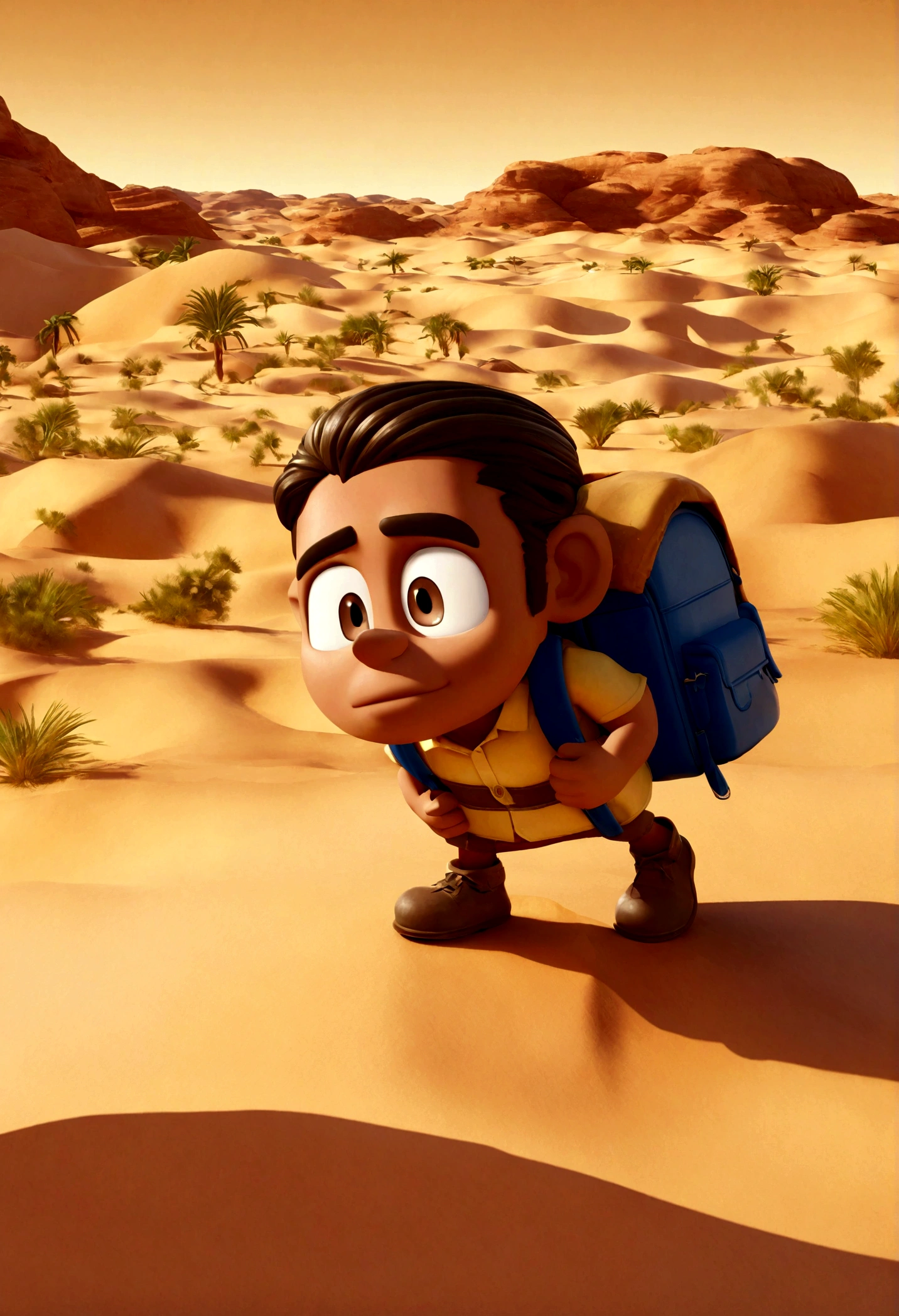Create a Disney Pixar-style 3D poster. 1 boy with a backpack on his back and has brown skin and dark brown hair and dark brown eyes, they are in the middle of the desert and are surrounded by Bedouins, in the background there is an oasis, warm colors in the Disney PIXAR 3D style