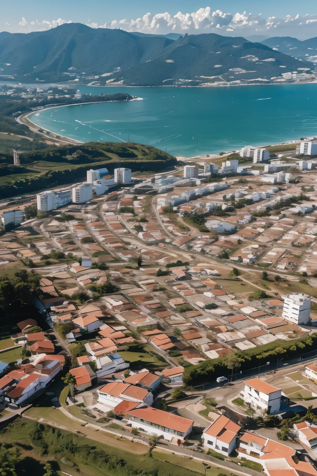 ((melhor qualidade)), ((Obra de arte)), (detalhado), casas, aerial view, bairro, montanhas no fundo, sol no fundo,