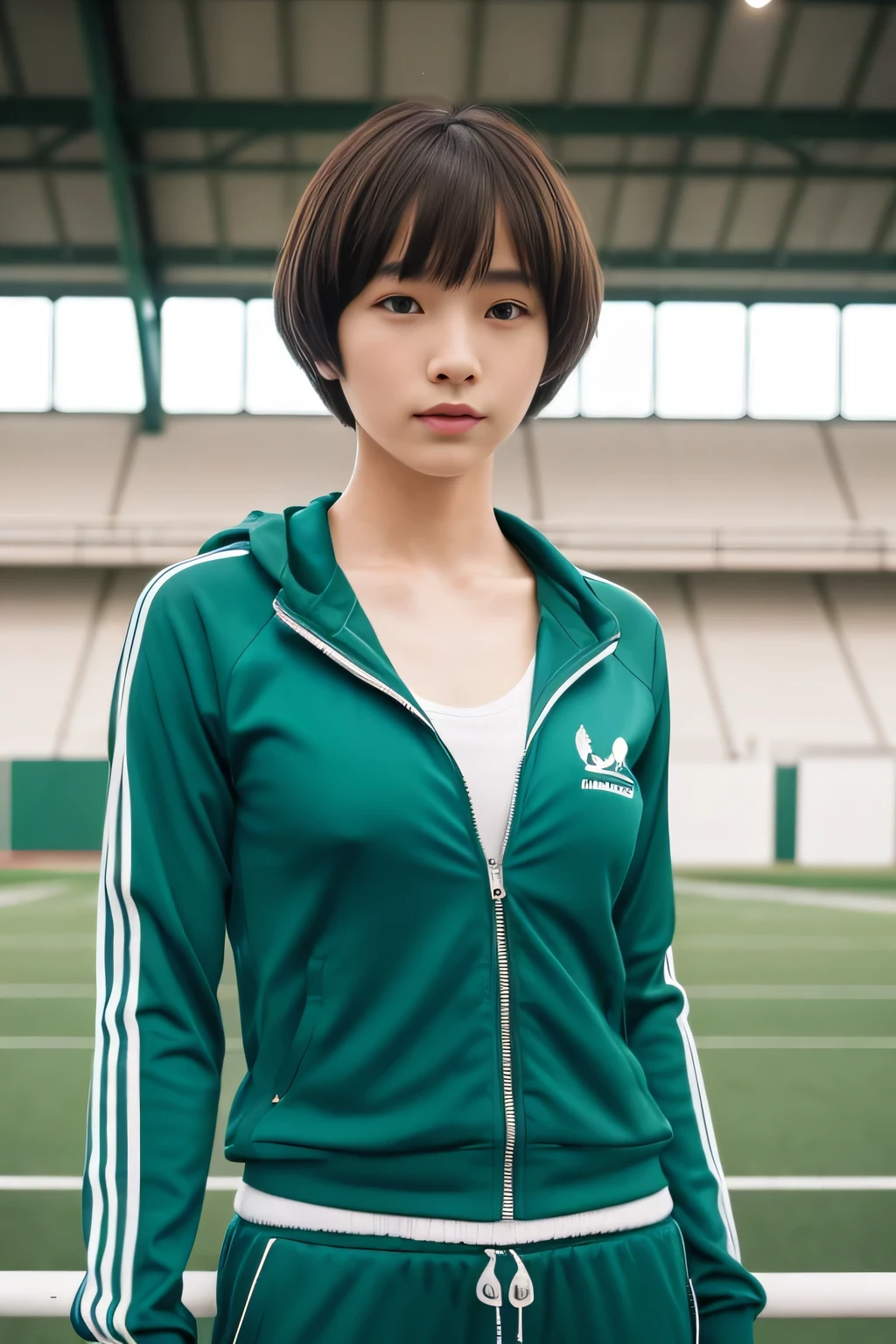 Upper Body, ((show off nipple)), at the track and field stadium, japanese lady, pale skin, droopy eyes, 20 year old, bowl cut hair, ((green Tracksuit)), ((standing)), high quality:1.3, shoot from below 2.0, Professional lighting:2.0 realistic:1.2, 4k resolution, detailed skin, masterpiece:1.1