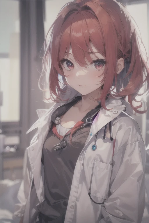 1 girl, Redhead, Facial hair, Red eyes, 8k, masterpiece, sexy、erotic、High Contrast、cute、hospital、Hospital room、Doctor&#39;s coat、Half naked