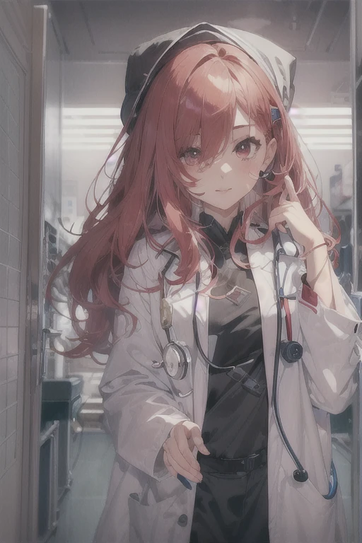 1 girl, Redhead, Facial hair, Red eyes, 8k, masterpiece, sexy、erotic、High Contrast、cute、hospital、Hospital room、Doctor's coat、Half naked