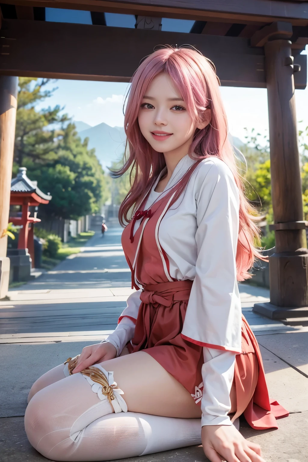 (8K, top-quality, masterpiece:1,2), (reallistic, Photorealsitic:1.37), Super Detail, One girl,), (Highly detailed), (beautifully detailed eyes), (of the highest quality), (super detailed ), (masterpiece), (Detailed face),20yr old, ,1 girl, full body, pink hair,Very long hair, medium breasts, clothed, Perfect Lighting, looking at viewer, smile, miko clothes, ((miko)), Precincts, shrines, torii gates, white knee-high socks,