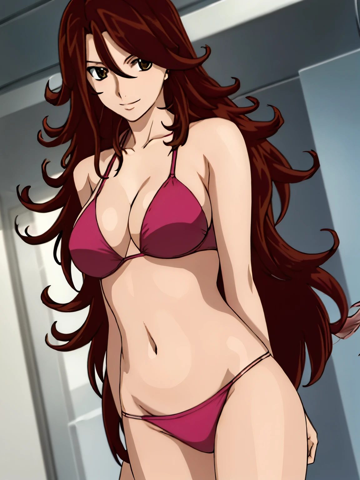 1girl, blunt bangs, very happy, smile, very high resolution, very high quality, cowboy shot, red bikini top, (brown hair:1.2, very long hair), very long hair, looking at viewer, smile, highly detailed background with titration screen and spot lights, (photo realistic:1.2), very detailed eyes, red eyeshadow, depth of field, (solo:1.2), (cyberpunk city:1.1), cleavage, skinny shoulders, groin, thighs, (finger on lips:1.1),Shiny skin, standing, push up breasts, defined breasts, ( strong arm muscles, pale skin, hands on hips, navel, skinny arms, slim arms, toned arms)