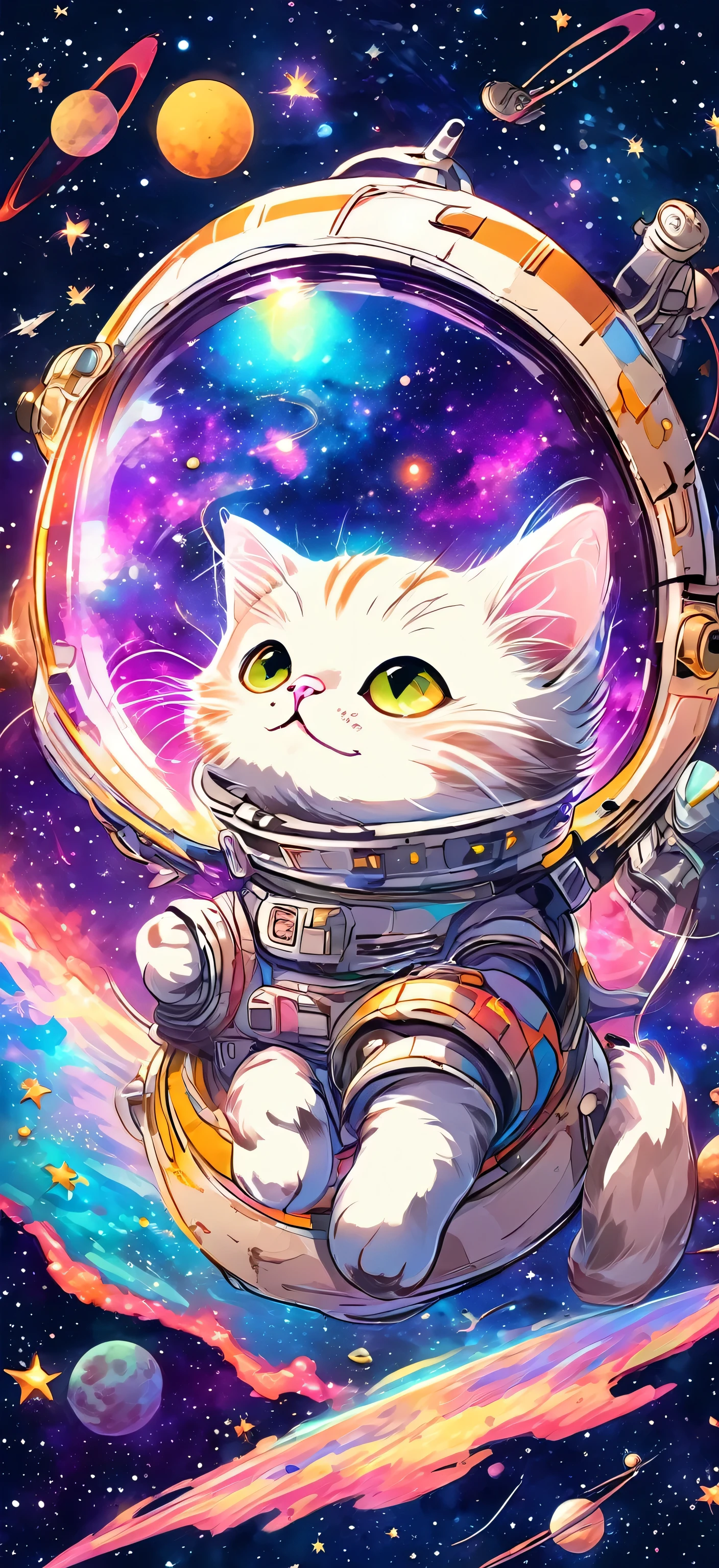 Cartoon illustration of a cat in space, official fan art, in space, kitten in outer space, in outer space, in deep space, in galaxies, deep space exploration!!!, space travel, wearing in stars and planets, outer space, outer space, starry sky in space, in space, official art, space, on a spaceship, colorful, cute, more detailed, light, more realistic, cartoon