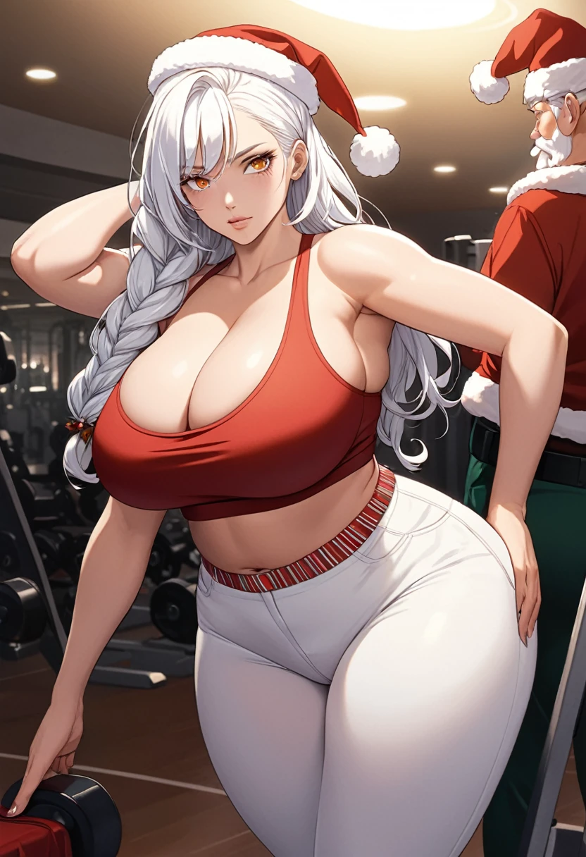 detailed illustration (side view),dynamic angle, ultra-detailed, illustration, clean line art, shading, anime, detailed eyes, detailed face, beautiful face, dramatic lighting, detailed illustration, dynamic angle, ultra-detailed, illustration, sensual face, gorgeous face, disappointed look on face, looking over shoulder at ass
Beautiful woman, long thick white hair, hair in intricate braids, wearing red sports bra, wearing white hot pants, wearing white short shorts, showing a deep cleavage, long hair, long hair reaching lower butt, wide hips, milf body, hyper sexualized, massive breasts, massive ass, fat ass, ass eating pants, ass cleavage, Ms. Claus, thunder thighs, no thigh gap, Christmas theme, Christmas in July, at a gym, gym in the background, fat, obesity, errect nipples, camel toe, too fat for pants, Santa Claus in background, she’s wearing short shorts, short shorts, daisy duke pants,