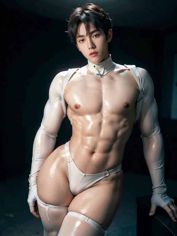 (masutepiece,High resolution,ultra - detailed:1.0),1(Boy,Robot Boy),Perfect male body,Look at the camera,Delicate eyes and delicate face,extremely details CG,Unity 8k wallpaper,intricate-detail,solo person,Detailed face, (Futuristic skin-perfect white bodysuit), Best Quality, hands visible, (White Gloves), Beautiful and delicate blue short hair:1.5 , full length shot(fls) , big thighs , big hips , insane details, hyper details , photorealistic , only male , handsome boy , puffy nipples , 16k resolution , ultra-high clarity , hyperrealism, uhd,. K-pop idol , whore , slutty whore , swollen nipples , defeat , grins ,thick thighs, thick hips , male , wide hips , wide pelvis , bare thighs , sexy ,bare hips , epic reality , ultra realism , ultra photorealistic , front view , (((only boy , only male))) , (boy ,male) , (sexy hollow bodysuit)
