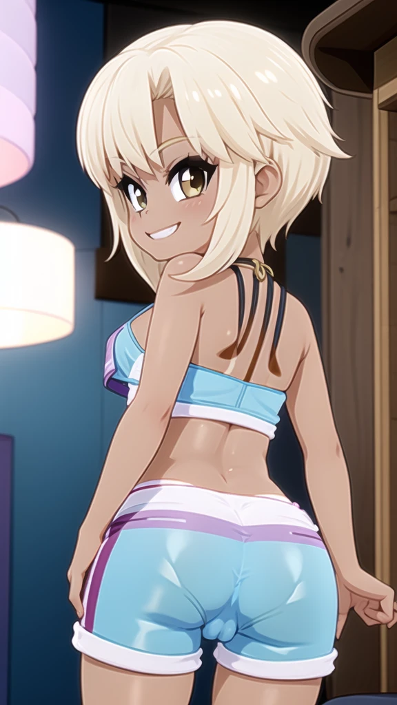 By mantis-x, (gyaru), young girl, tight hotpants, cameltoe, spread butt, small breasts, playful smile, blonde hair, ((tanned skin)), solo, tube top, view from behind, grinning,