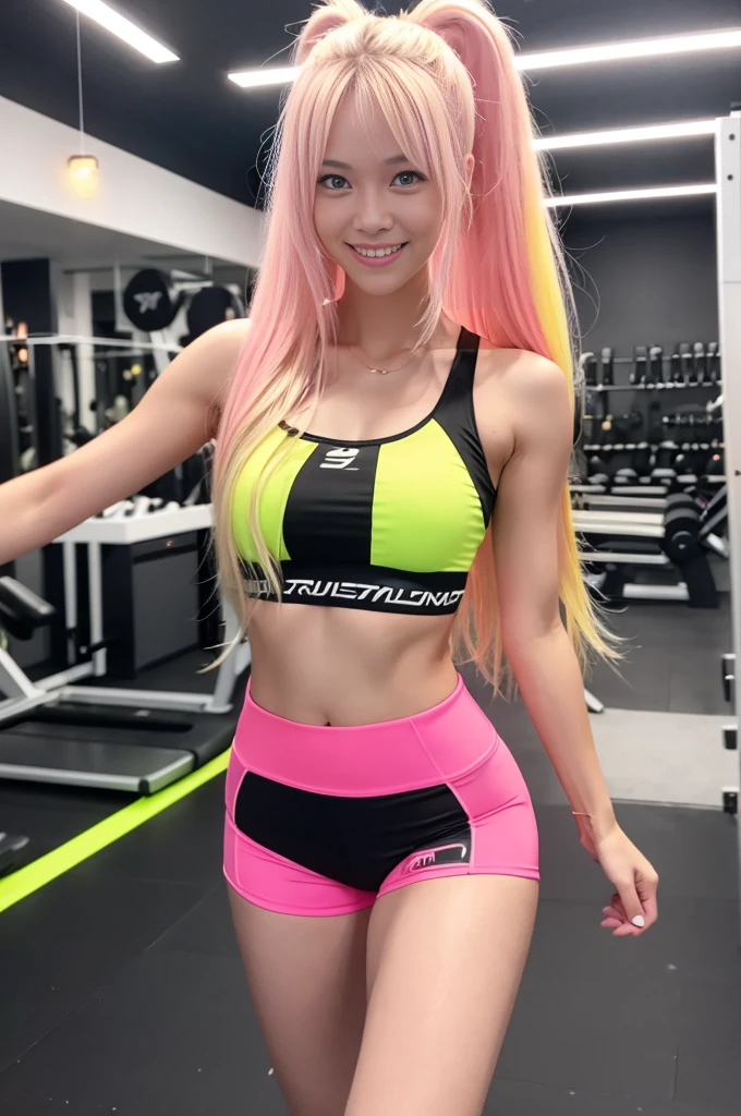 Tall sporty Swedish model、bright smile、、、whole body、very long stylish hair、、、dominant pose、Good style、、、、、、、、Fluorescent pink and yellow tight shorts costume、strapless top、、Pink Blonde Hair、、、cyber belt、large very detailed training gym background