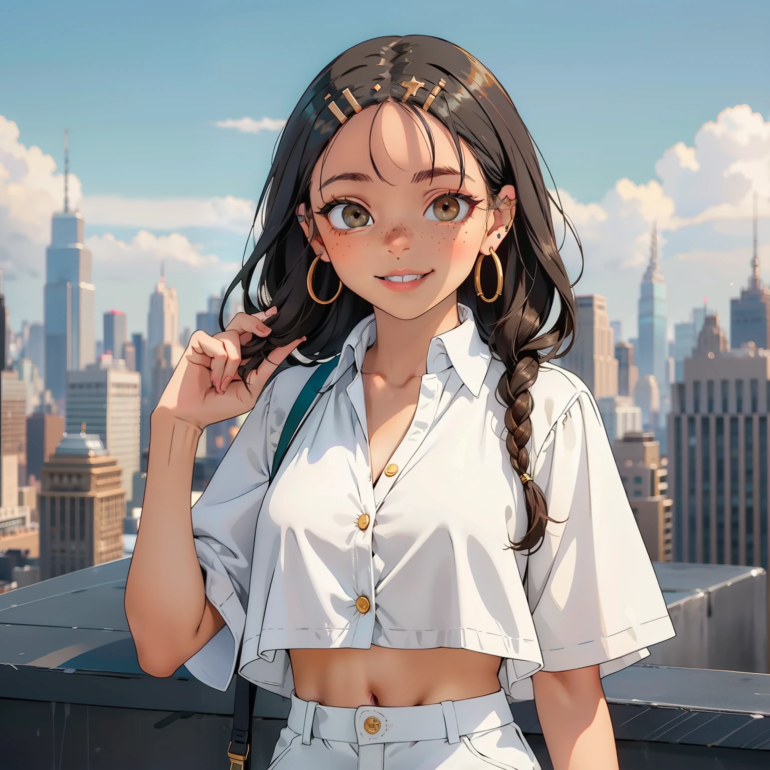 Girl with black skin, braided brown hair, Box braids, green eyes, smiling, white shorts, black bra, white blouse, big circle gold earrings, freckles, big lips, on a rooftop, nyc skyline in the background, blue skies big clouds