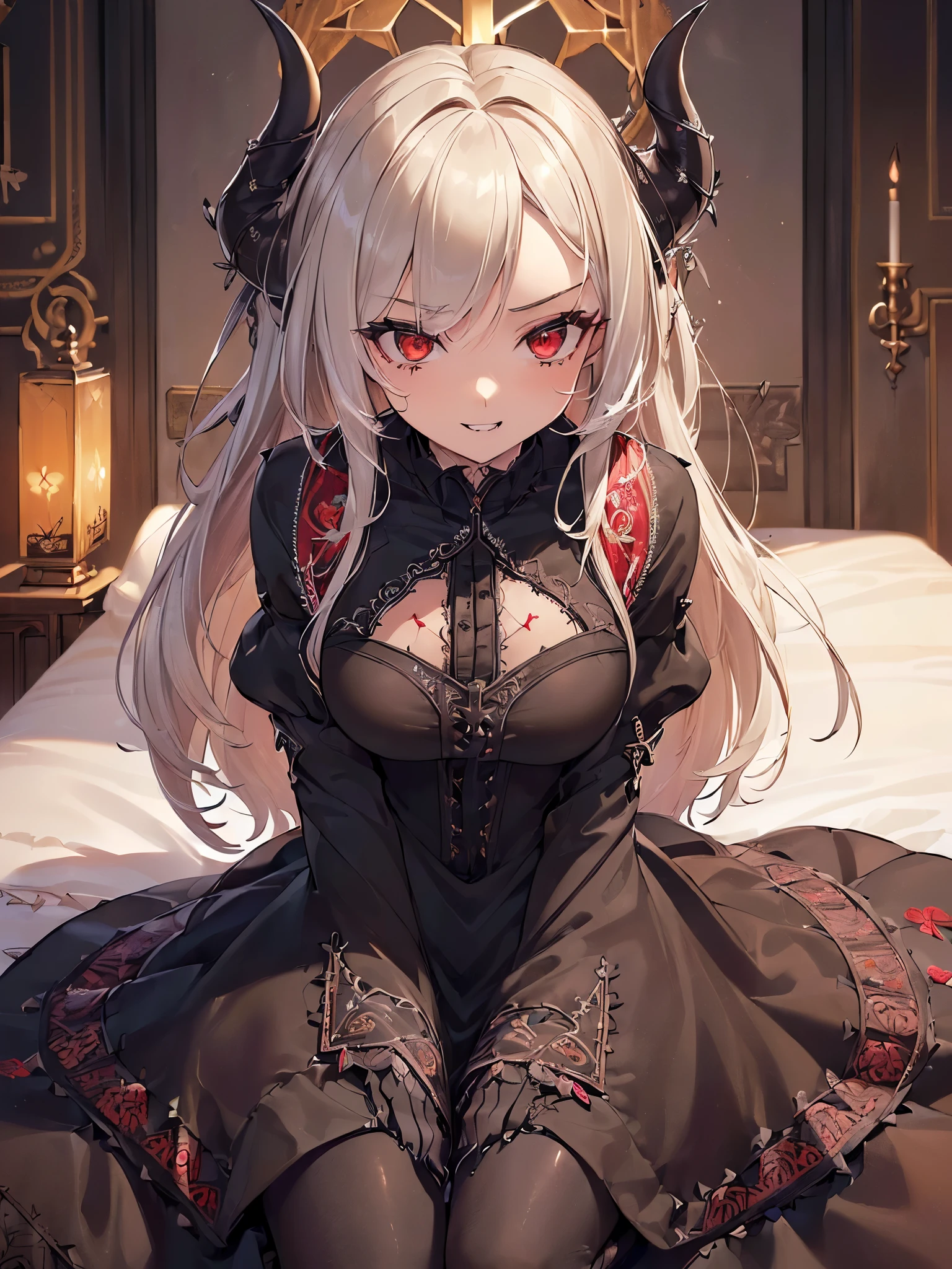 ((highest quality)),(Ultra-high resolution),(Very detailed),(Detailed Description),((The best CG)),(A masterpiece),Ultra-detailed art,Amazing drawing art,(Art with precise detail:1.5), (Female Devil:1.6),(Beautiful and well-proportioned face:1.5),smile:1.4,(Sharp, pointed canines:1.5),(A gothic dress with intricate and beautiful embroidery.:1.8),Black pearl:1.6, (A dark, flickering light:1.6),(Immoral and luxurious bed:1.5)