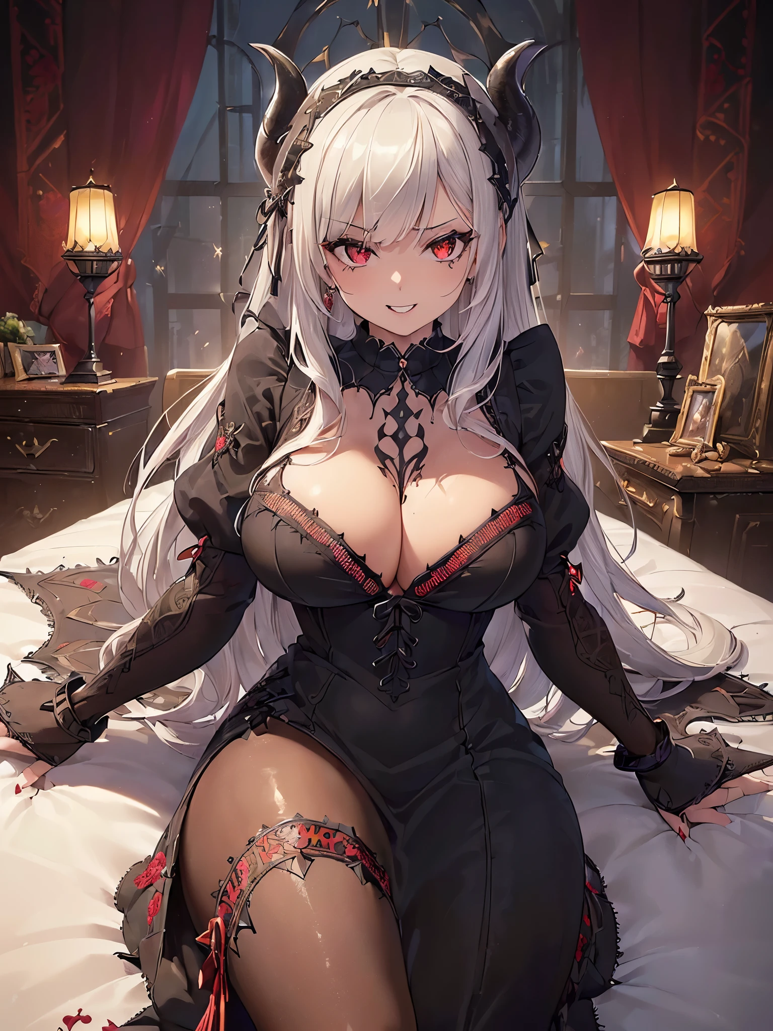 ((highest quality)),(Ultra-high resolution),(Very detailed),(Detailed Description),((The best CG)),(A masterpiece),Ultra-detailed art,Amazing drawing art,(Art with precise detail:1.5), (Female Devil:1.6),(Beautiful and well-proportioned face:1.5),smile:1.4,(Sharp, pointed canines:1.5),(A gothic dress with intricate and beautiful embroidery.:1.8),Black pearl:1.6, (A dark, flickering light:1.6),(Immoral and luxurious bed:1.5)