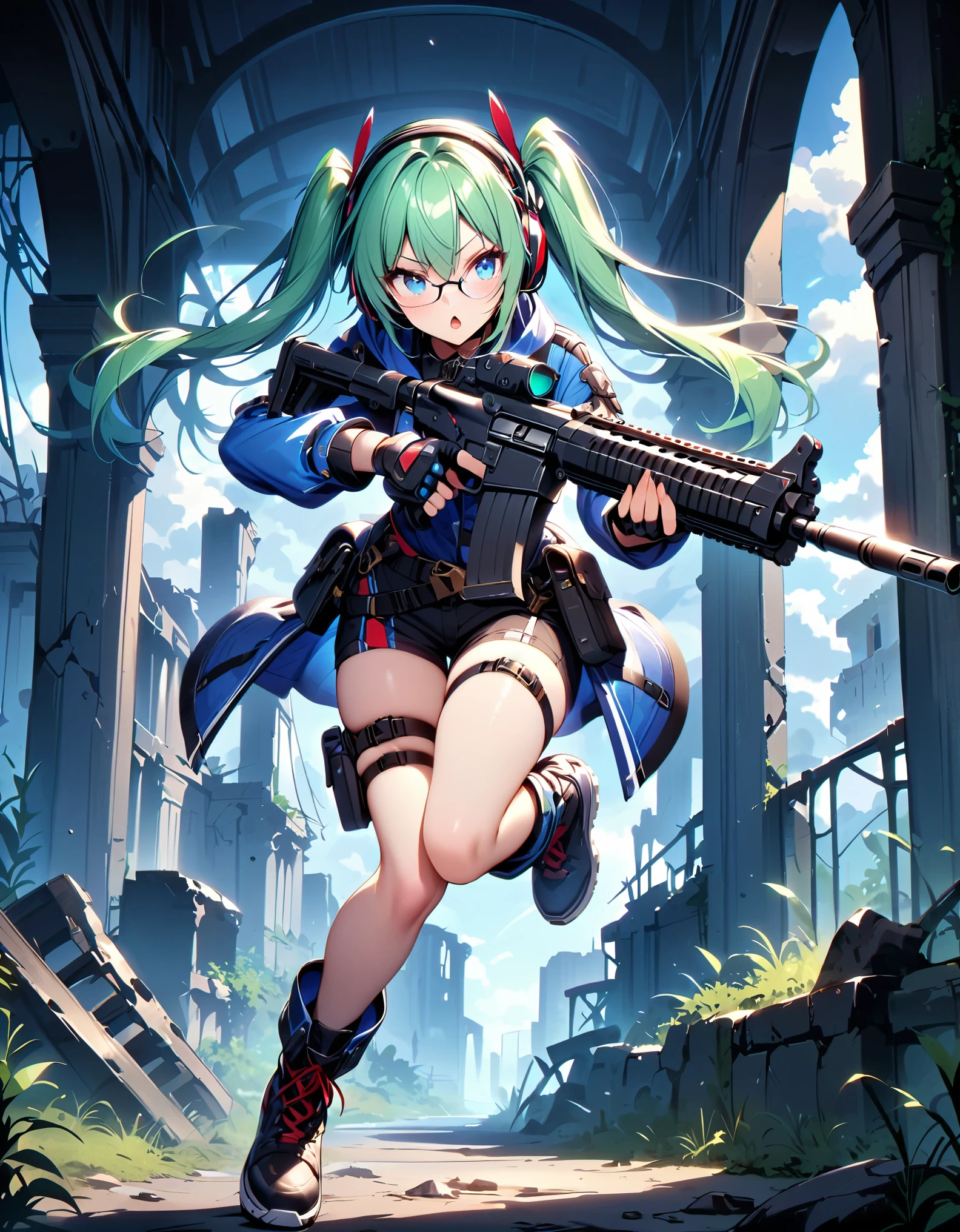 best quality, masterpiece, 1girl, assault rifle, blue eyes, full body, gloves, green hair, pigtails, gun, handgun, headset, holding gun, holding weapon, holster, kochiy sanae, open mouth, pistol, solo, thigh holster, thigh strap, trigger discipline, weapon, (glasses), black shorts, black boots, fingerless gloves, ruins backdrop