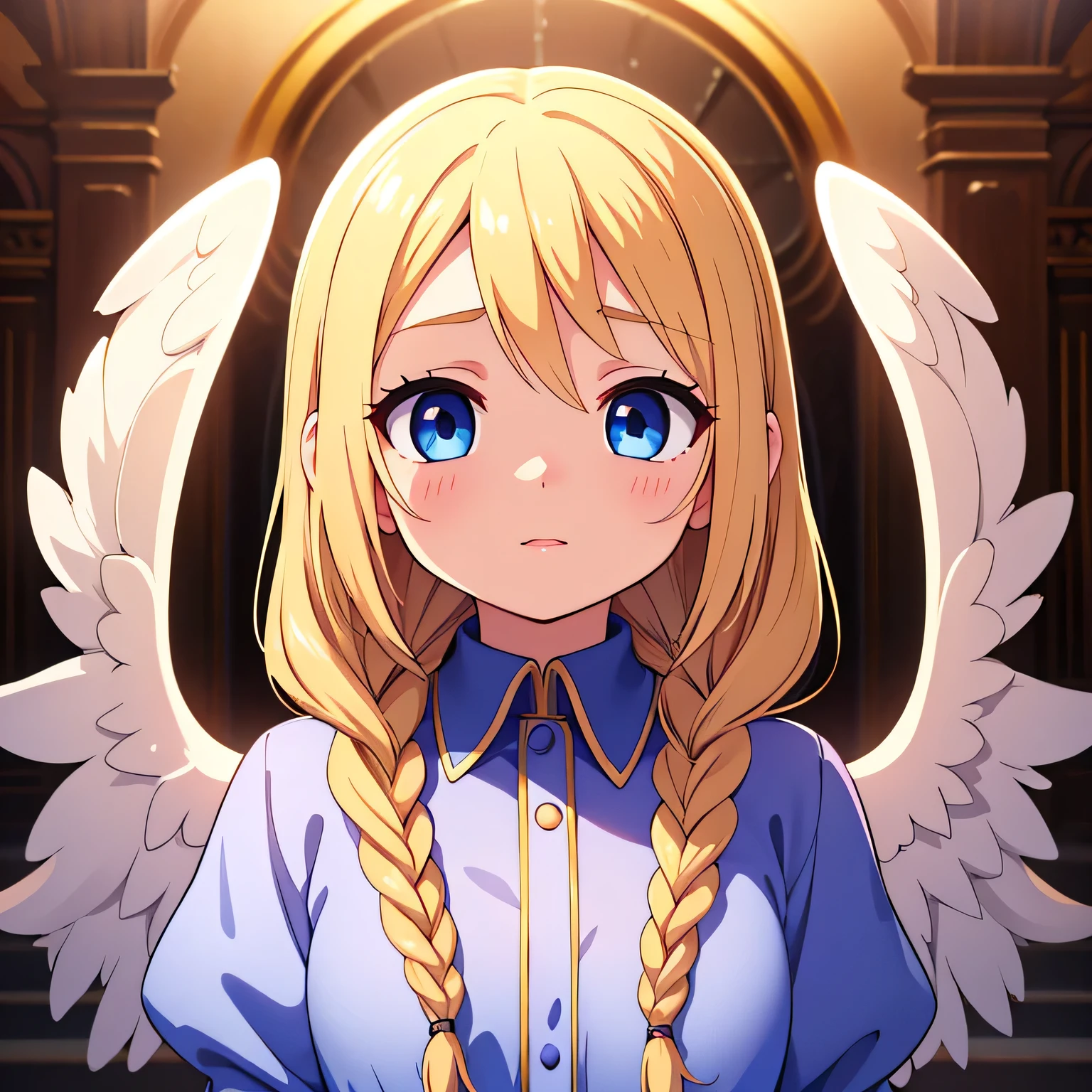 14 year old girl, blonde hair in braids, soft pretty face, blue eyes, long eye lashes, beautiful angelic wings, with majestic wings, feminine age angel, serene expression, wings open wide, school in the background, (best quality,4k,8k,highres,masterpiece:1.2),ultra-detailed,(realistic,photorealistic,photo-realistic:1.37),highly detailed face and eyes,extremely detailed eyes and face,longeyelashes,intricate angel wings,soft lighting,cinematic lighting,warm color tones,muted colors,fantasy,ethereal,angelic,digital art,illustration