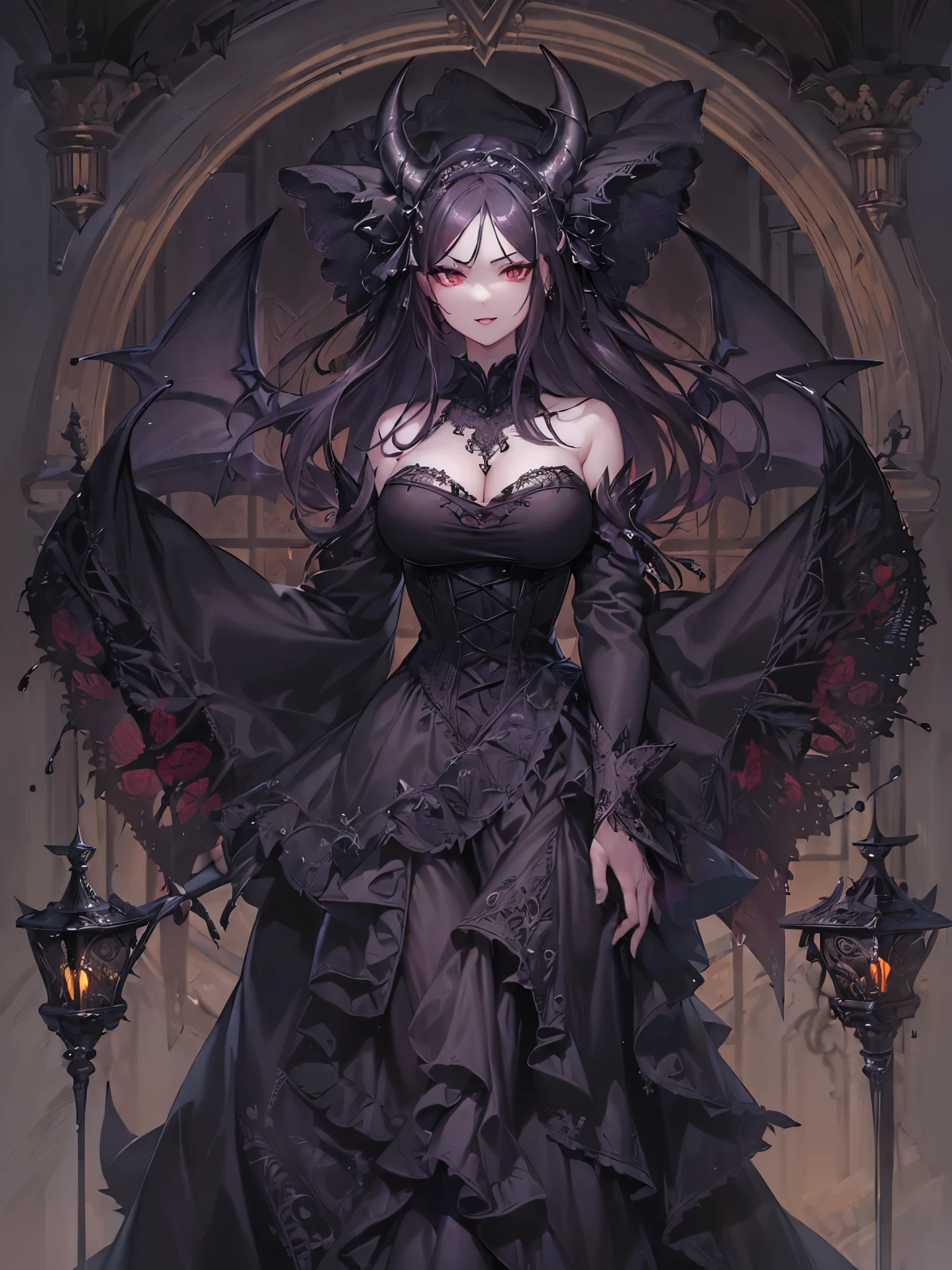 ((highest quality)),(Ultra-high resolution),(Very detailed),(Detailed Description),((The best CG)),(A masterpiece),Ultra-detailed art,Amazing drawing art,(Art with precise detail:1.5), (Female Devil:1.6),(Beautiful and well-proportioned face:1.5),smile:1.4,(Sharp, pointed canines:1.5),(A gothic dress with intricate and beautiful embroidery.:1.8),Black pearl:1.6, (A dark, flickering light:1.6),(Immoral and luxurious bed:1.5)