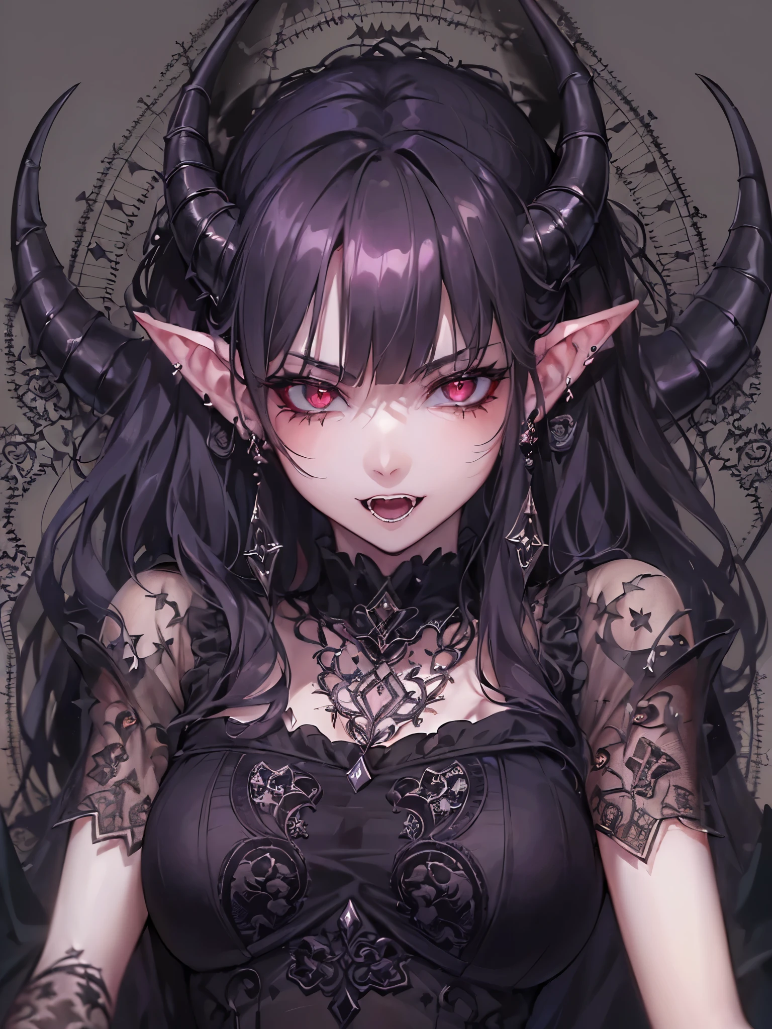 ((highest quality)),(Ultra-high resolution),(Very detailed),(Detailed Description),((The best CG)),(A masterpiece),Ultra-detailed art,Amazing drawing art,(Art with precise detail:1.5), (Female Devil:1.6),(Beautiful and well-proportioned face:1.5),smile:1.4,(Sharp, pointed canines:1.5),(A gothic dress with intricate and beautiful embroidery.:1.8),Black pearl:1.6, (A dark, flickering light:1.6),(Immoral and luxurious bed:1.5)