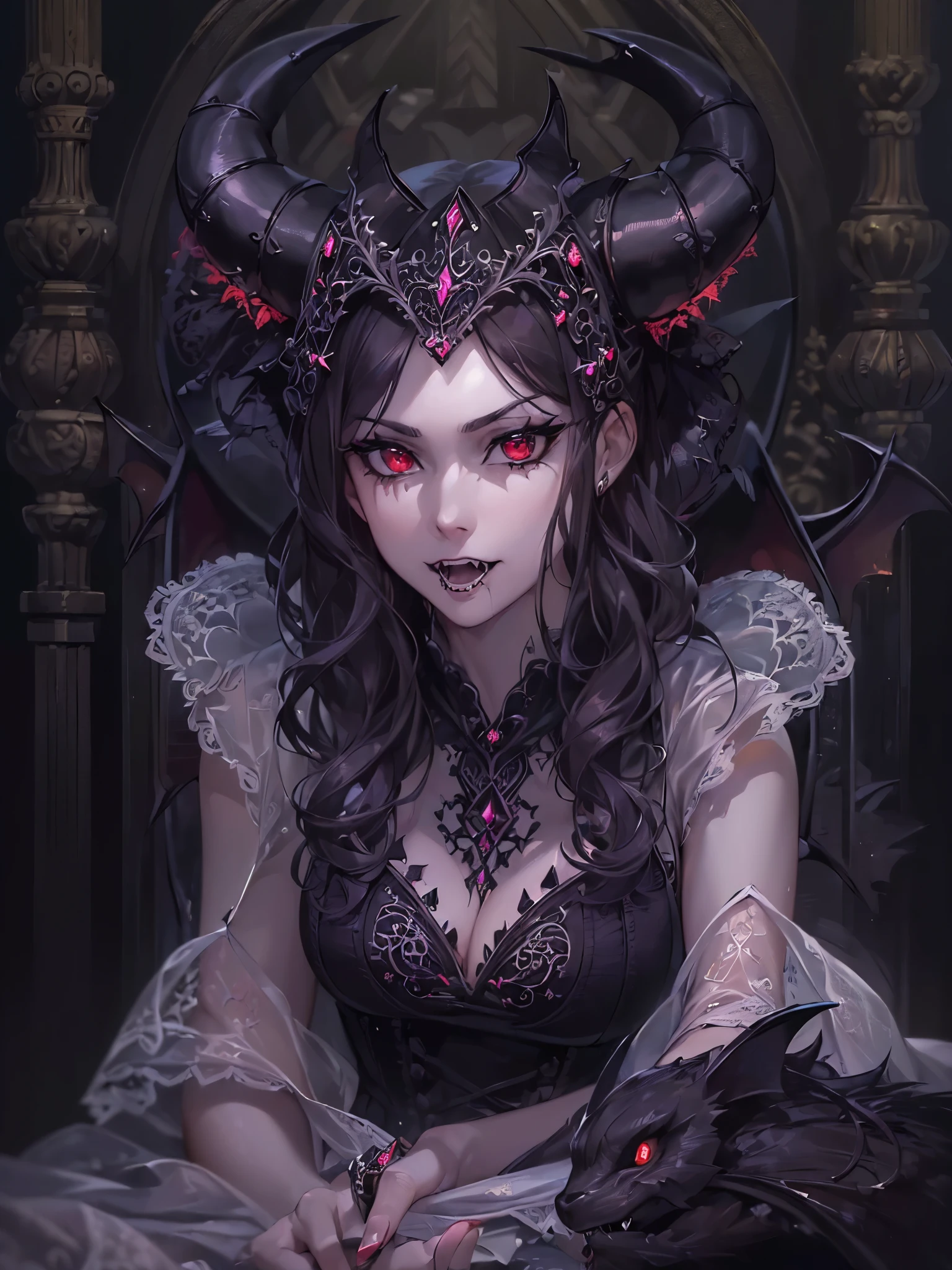 ((highest quality)),(Ultra-high resolution),(Very detailed),(Detailed Description),((The best CG)),(A masterpiece),Ultra-detailed art,Amazing drawing art,(Art with precise detail:1.5), (Female Devil:1.6),(Beautiful and well-proportioned face:1.5),smile:1.4,(Sharp, pointed canines:1.5),(A gothic dress with intricate and beautiful embroidery.:1.8),Black pearl:1.6, (A dark, flickering light:1.6),(Immoral and luxurious bed:1.5)