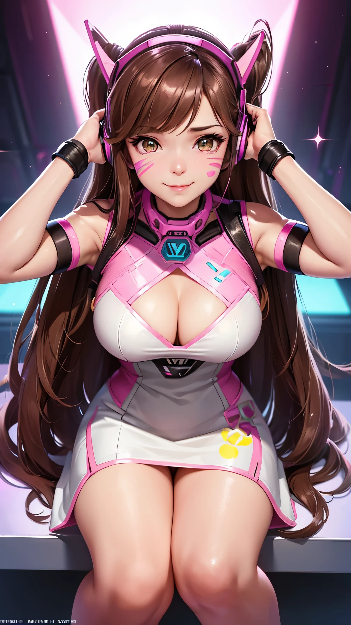 brown hair, Overwatch, D.VA, very long hair, Pink Headset, Dva Facepaint, pupils sparkling, Pink Eye Colour, sitting down, feet up, seductive smile, Big Tits, D.VA Costume, from below, UHD, masterpiece, high details, high quality, best quality, highres