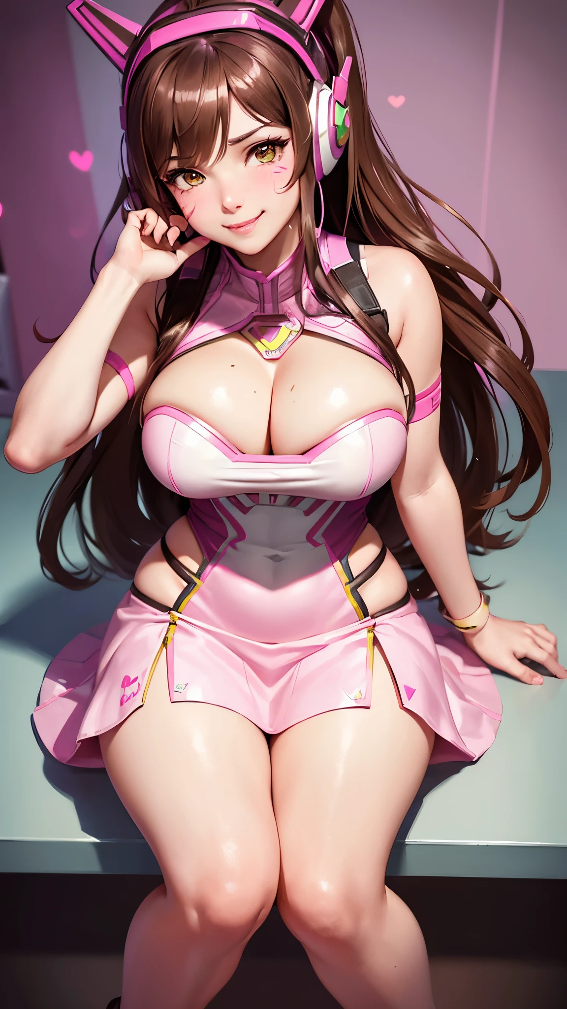brown hair, Overwatch, D.VA, very long hair, Pink Headset, Dva Facepaint, pupils sparkling, Pink Eye Colour, sitting down, feet up, seductive smile, Big Tits, D.VA Costume, from below, UHD, masterpiece, high details, high quality, best quality, highres