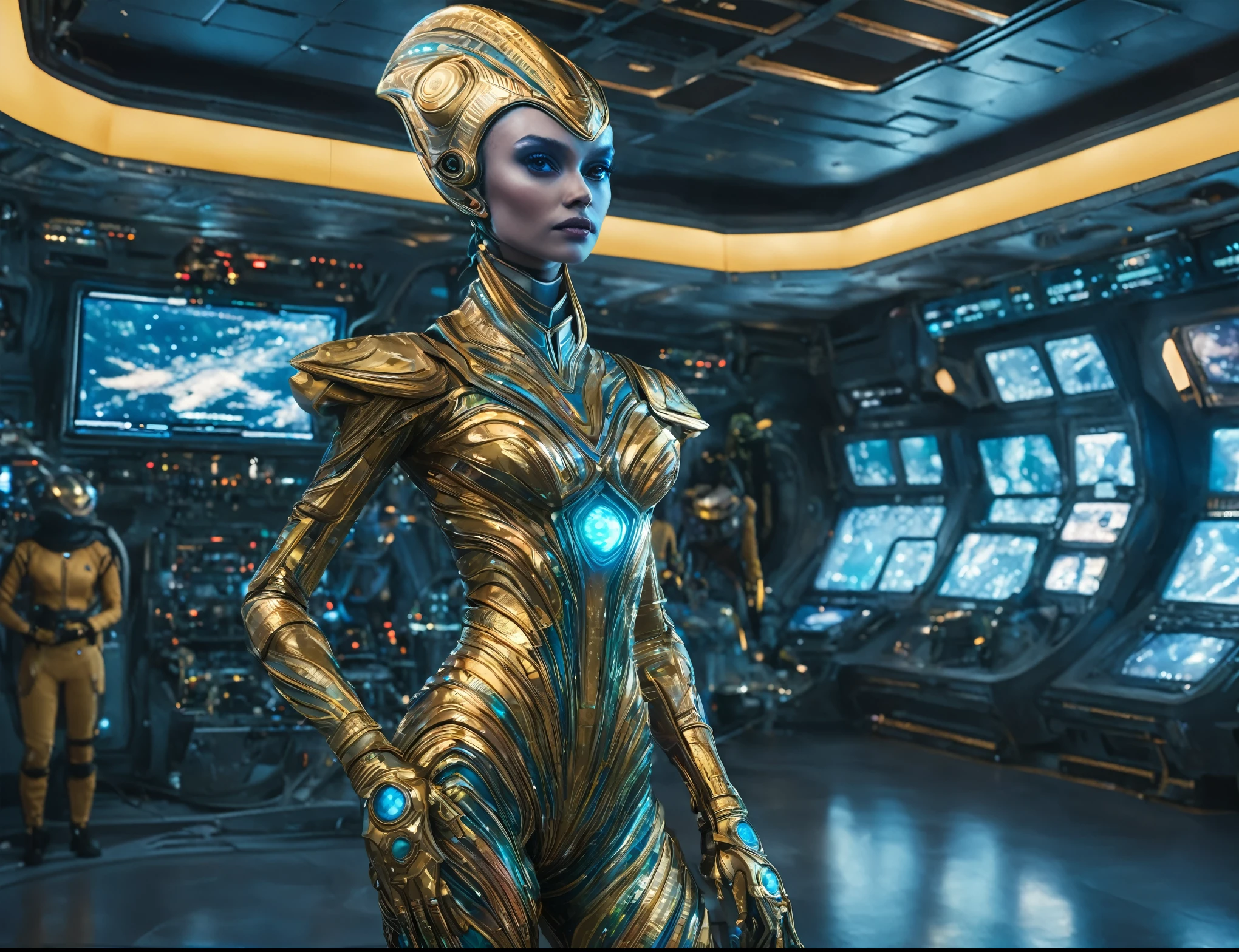 (cuerpo completo), extraterrestrial alien female similar to Lihö-Minaa princess of the people of the planet mül from Valerian and the city of a thousand planets ,vestida de traje de noche corto, engarzado con oro refulgente, priedras preciosas de colores y diamantes, (se encuentra en centro de control de estacion espacial),detalles intrincados de la maquina de alta calidad), estilo cinematografico, nitidez absoluta, imagen 8k.(obra maestra).fondos de pantalla, ultra detallado.