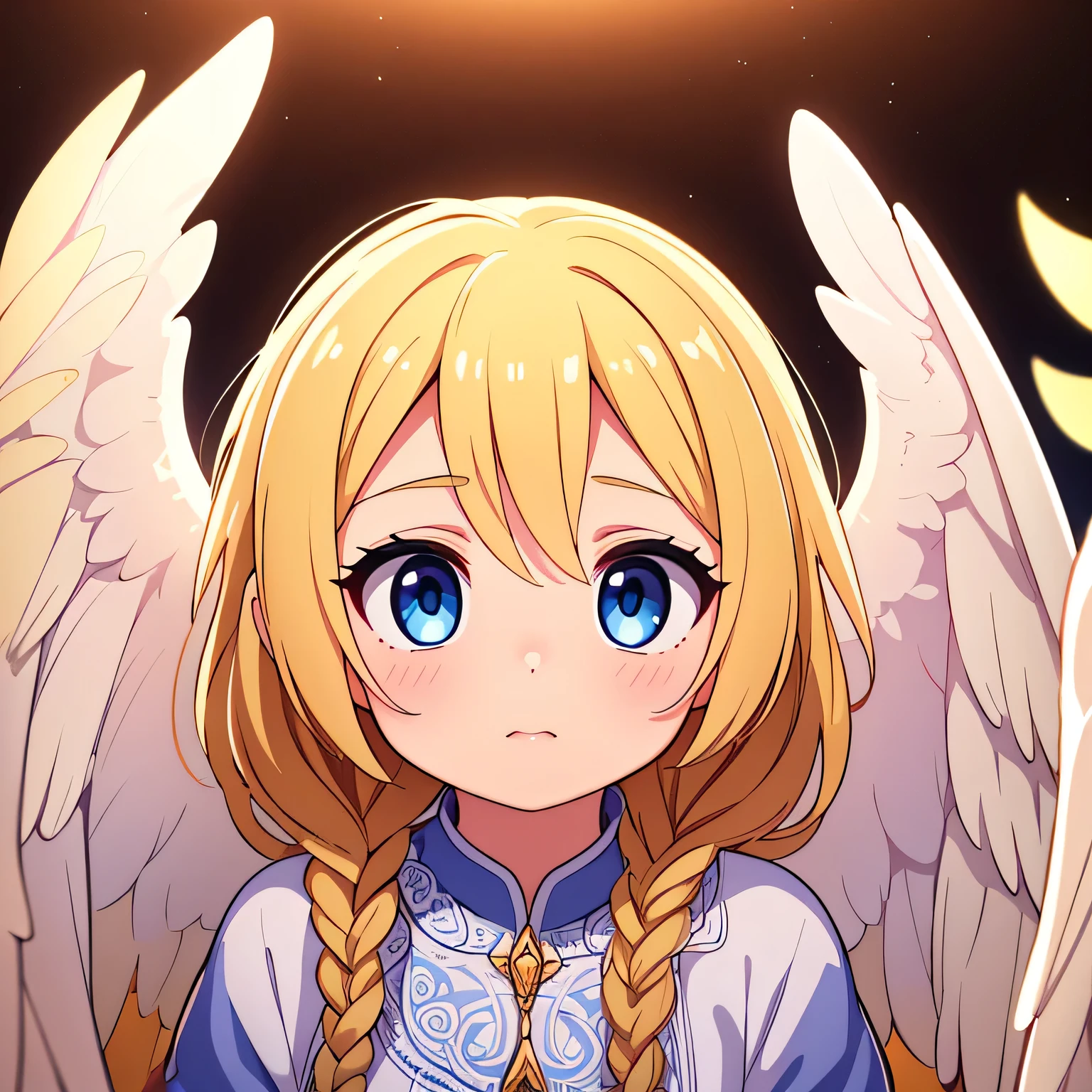14 year old girl, blonde hair in braids, soft pretty face, blue eyes, long eye lashes, beautiful angelic wings, with majestic wings, feminine teenage angel, serene expression, wings open wide, school in the background, (best quality,4k,8k,highres,masterpiece:1.2),ultra-detailed,(realistic,photorealistic,photo-realistic:1.37),highly detailed face and eyes,extremely detailed eyes and face,longeyelashes,intricate angel wings,soft lighting,cinematic lighting,warm color tones,muted colors,fantasy,ethereal,angelic,digital art,illustration