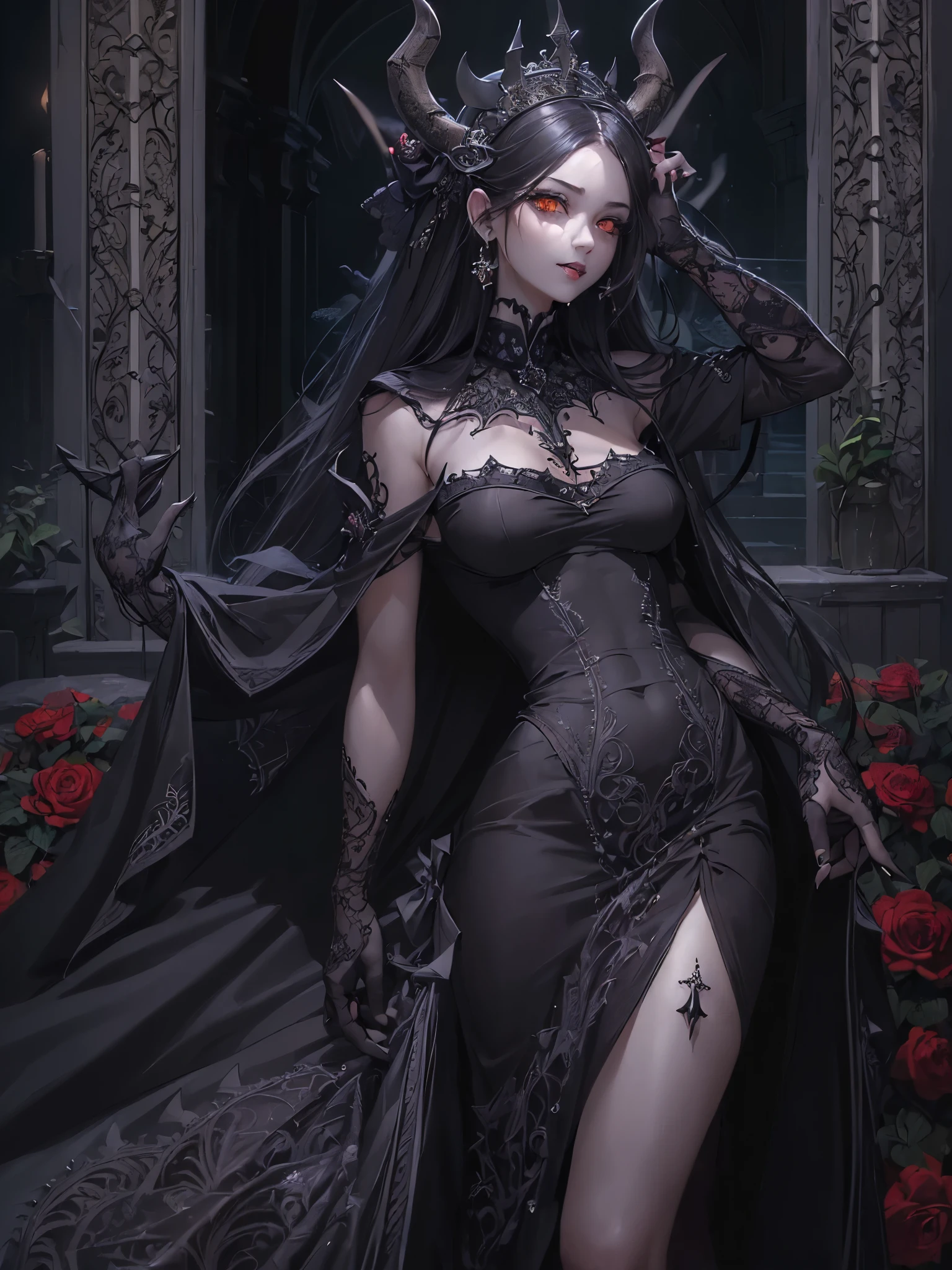 ((highest quality)),(Ultra-high resolution),(Very detailed),(Detailed Description),((The best CG)),(A masterpiece),Ultra-detailed art,Amazing drawing art,(Art with precise detail:1.5), (Female Devil:1.6),(Beautiful and well-proportioned face:1.5),smile:1.4,(Sharp, pointed canines:1.5),(A gothic dress with intricate and beautiful embroidery.:1.8),Black pearl:1.6, (A dark, flickering light:1.6),(Immoral and luxurious bed:1.5)