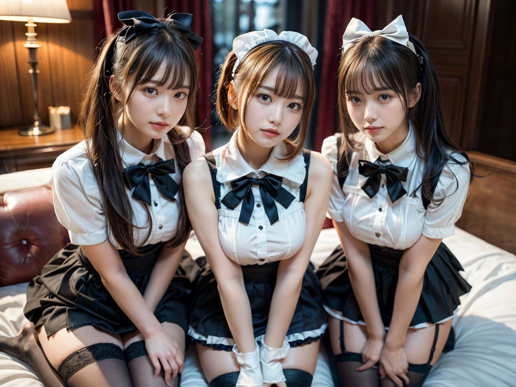 (8K, Raw photography, top-quality, masterpiece:1.2), master piece, best quality, illustration, Super detailed, fine details, High resolution, 8K,wall paper, perfect dynamic composition,(Details High quality, realistic depiction of eyes:1.3), ((2 girls, 2 schoolgirls)), huge breasts,The background is a luxury hotel room、(bow ribbon, Maid, knee high socks:1.3), Play with each other,Touching each other's bodies,Touching the body of the girl next door, short bob hair, black hair color, huge breasts, Big Natural Color Lip, bold sexy pose, (perfect body shape), crying a little、cold gaze, Beautiful makeup,glitter makeup,Cutest 18 years old, beautiful legs, hposing Gravure Idol, Voluptuous thighs