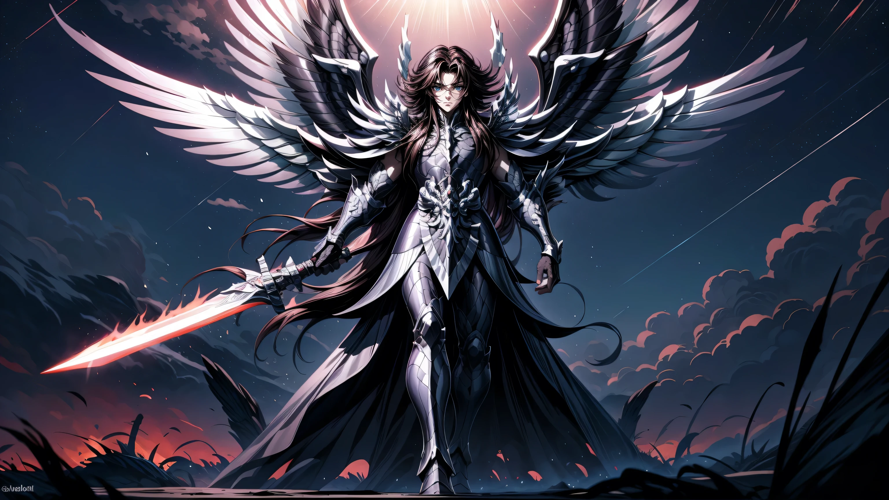 (masterpiece), 1man, 40 years old man, male face, (((full body shot))), storm, dark clouds, thunderbolt, thunder, lightning, aggressive, (frowned), manly face, night sky, full body, shadows, ruins, destruction, evil, scary, sinister, (((perfect hands))), perfect face, starry sky, milky way, helmet, radiating aura, ripples, better hands, outdoors, fingerless gloves, ((light particles)), harsh descent towards the planet from outer space, gleaming armor glinting in the starlight, planet swirling with blues and greens under a hazy atmosphere, radiating powers, perspective , epic dark fantasy artwork, dynamic motion, atmospheric layer of big planet is visible in the background, hades, full body shot, wide angle, fiery sword, sword on flames, eclipse in the back, ((black wings)), big wings, angel wings, red sword,
BREAK,
full body shot, photorealistic, best quality, (extremely detailed CG unity 64k wallpaper), ultra-high resolution, ultra-high definition, maximalist, 64k UHD, highres, intricate, intricate details, absurdres, highly detailed, finely detailed, ultra-detailed, ultra-high texture quality, DLSR, RTX, (HDR), detailed textures, ultra-high pixel detail, professionally color graded, full color depth, sharp focus, volumetric lighting, natural shadow, dramatic shading, dramatic lighting,