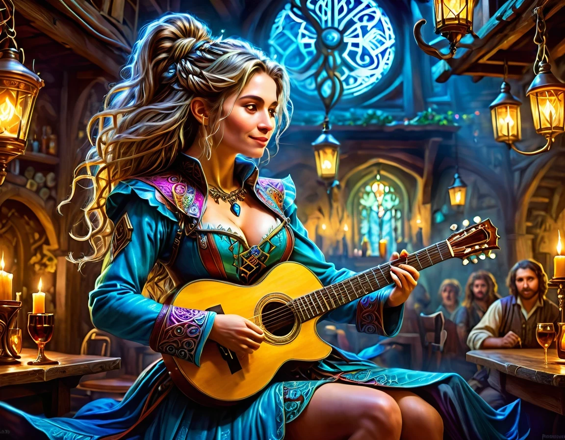 high details, best quality, 16k, [ultra detailed], masterpiece, best quality, (extremely detailed), full body, ultra wide shot, photorealistic, RAW, fantasy art, dnd art, fantasy art, realistic art,  an ultra wide, full body, a picture  of a human female  (intricate details, Masterpiece, best quality: 1.5) fantasy bard, fantasy enchanter,  playing a (guitar: 1.5)  and enchanting people in a tavern with magical song, colorful clothes, dynamic clothing, epic beautiful female human ((anatomically correct)) bard (intricate details, Masterpiece, best quality: 1.5), dynamic hair, tavern full of crowd, many people intricate details, Masterpiece, best quality: 1.3), bard playing guitar and enchanting audience (intricate details, Masterpiece, best quality: 1.5), candles light, fantasy chandelier, magical notes, magical runes in the air (intricate details, Masterpiece, best quality: 1.5),Cinematic Hollywood Film style, GlowingRunesAI_paleblue