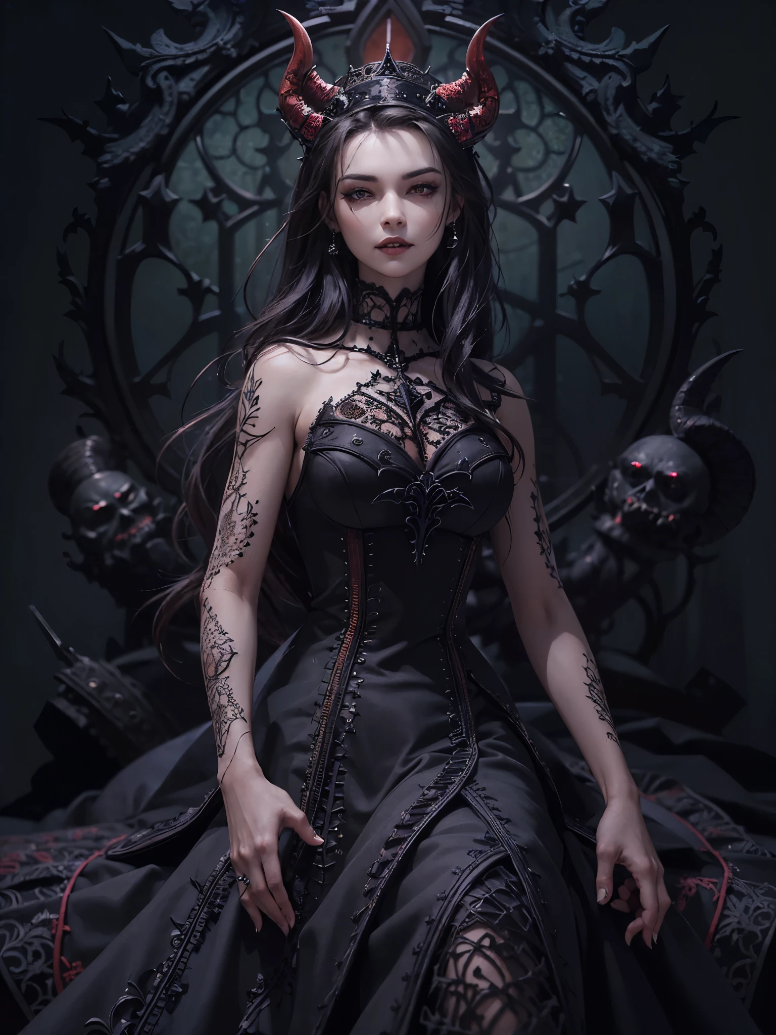 ((highest quality)),(Ultra-high resolution),(Very detailed),(Detailed Description),((The best CG)),(A masterpiece),Ultra-detailed art,Amazing drawing art,(Art with precise detail:1.5), (Female Devil:1.6),(Beautiful and well-proportioned face:1.5),smile:1.4,(Sharp, pointed canines:1.5),(A gothic dress with intricate and beautiful embroidery.:1.8),Black pearl:1.6, (A dark, flickering light:1.6),(Immoral and luxurious bed:1.5)