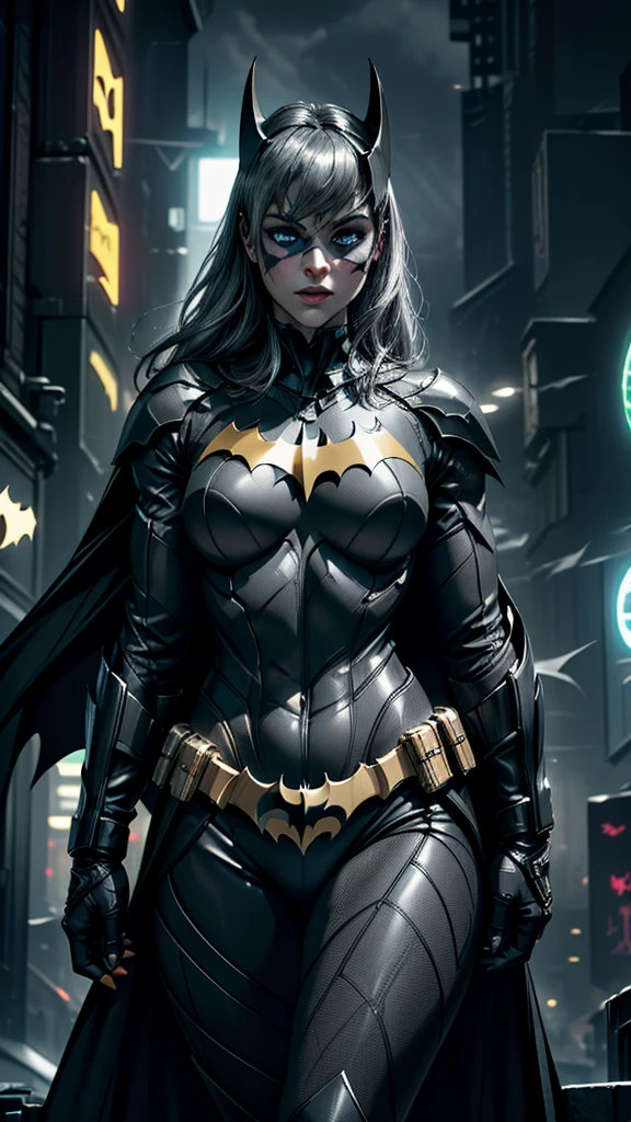 ((Batgirl in white fiber carbon armour, with neon lights, with Batman symbol on chest, gray hair and light eyes, in a dark night of Gotham city, many buildigns and lights in background, cape flowing in the wind)),(best quality,4k,8k,highres,masterpiece:1.2),ultra-detailed,(realistic,photorealistic,photo-realistic:1.37),detailed facial features,extremely detailed eyes and face,longeyelashes,intricate costume details,dramatic lighting,moody atmosphere,cinematic composition,((leds Yellow)), usando capuz do Batman 