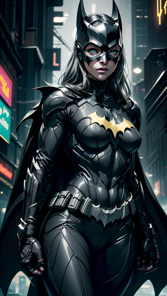 ((Batgirl in white fiber carbon armour, with neon lights, with Batman symbol on chest, gray hair and light eyes, in a dark night of Gotham city, many buildigns and lights in background, cape flowing in the wind)),(best quality,4k,8k,highres,masterpiece:1.2),ultra-detailed,(realistic,photorealistic,photo-realistic:1.37),detailed facial features,extremely detailed eyes and face,longeyelashes,intricate costume details,dramatic lighting,moody atmosphere,cinematic composition,((leds Yellow)), usando capuz do Batman 