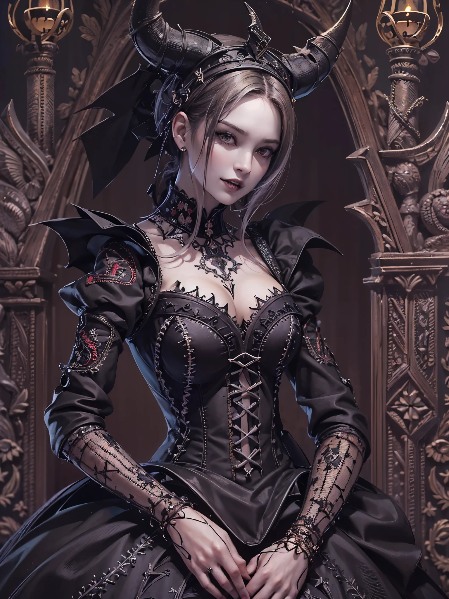((highest quality)),(Ultra-high resolution),(Very detailed),(Detailed Description),((The best CG)),(A masterpiece),Ultra-detailed art,Amazing drawing art,(Art with precise detail:1.5), (Female Devil:1.6),(Beautiful and well-proportioned face:1.5),smile:1.4,(Sharp, pointed canines:1.5),(A gothic dress with intricate and beautiful embroidery.:1.8),Black pearl:1.6, (A dark, flickering light:1.6),(Immoral and luxurious bed:1.5)