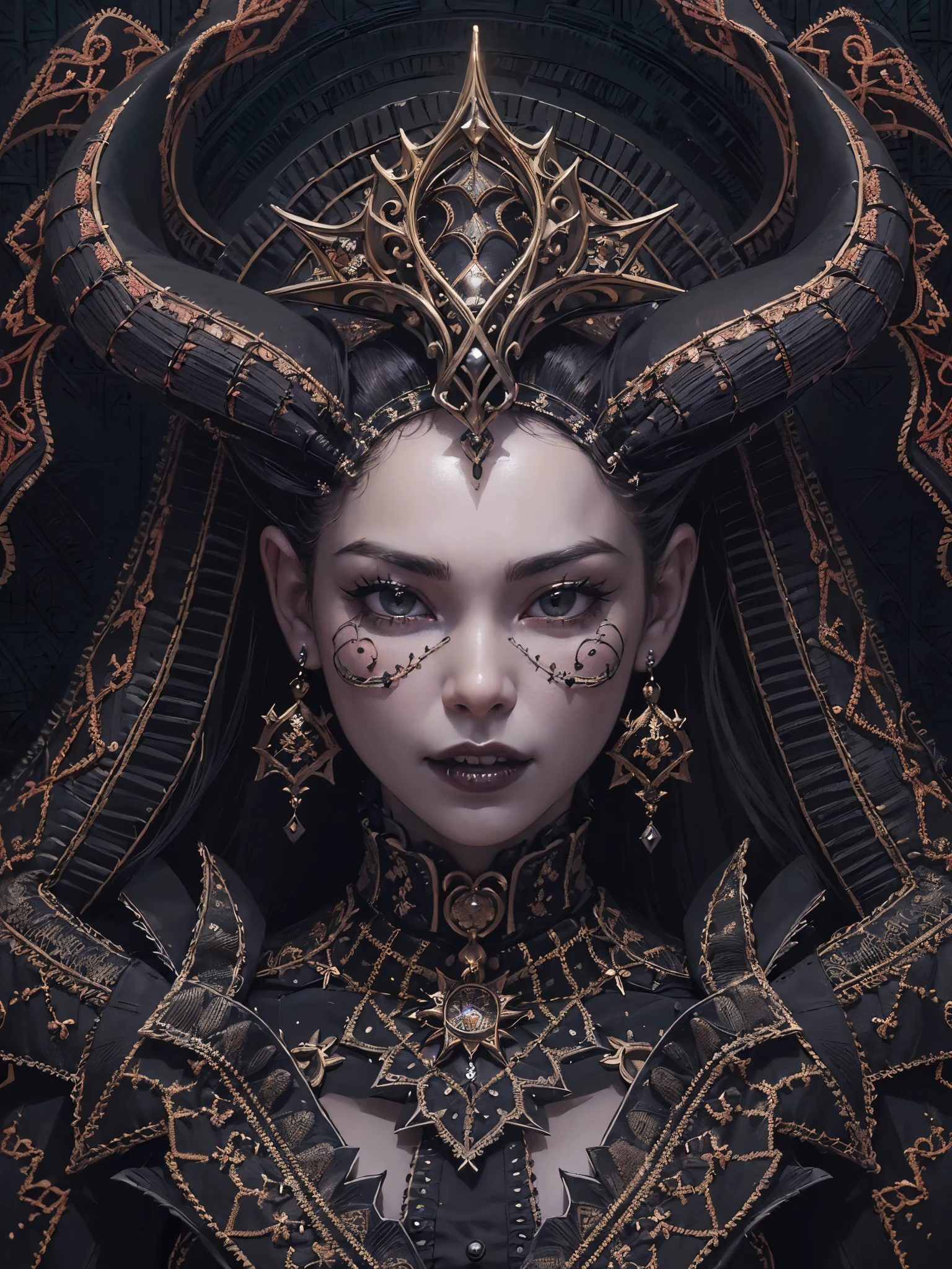 ((highest quality)),(Ultra-high resolution),(Very detailed),(Detailed Description),((The best CG)),(A masterpiece),Ultra-detailed art,Amazing drawing art,(Art with precise detail:1.5), (Female Devil:1.6),(Beautiful and well-proportioned face:1.5),smile:1.4,(Sharp, pointed canines:1.5),(A gothic dress with intricate and beautiful embroidery.:1.8),Black pearl:1.6, (A dark, flickering light:1.6),(Immoral and luxurious bed:1.5)
