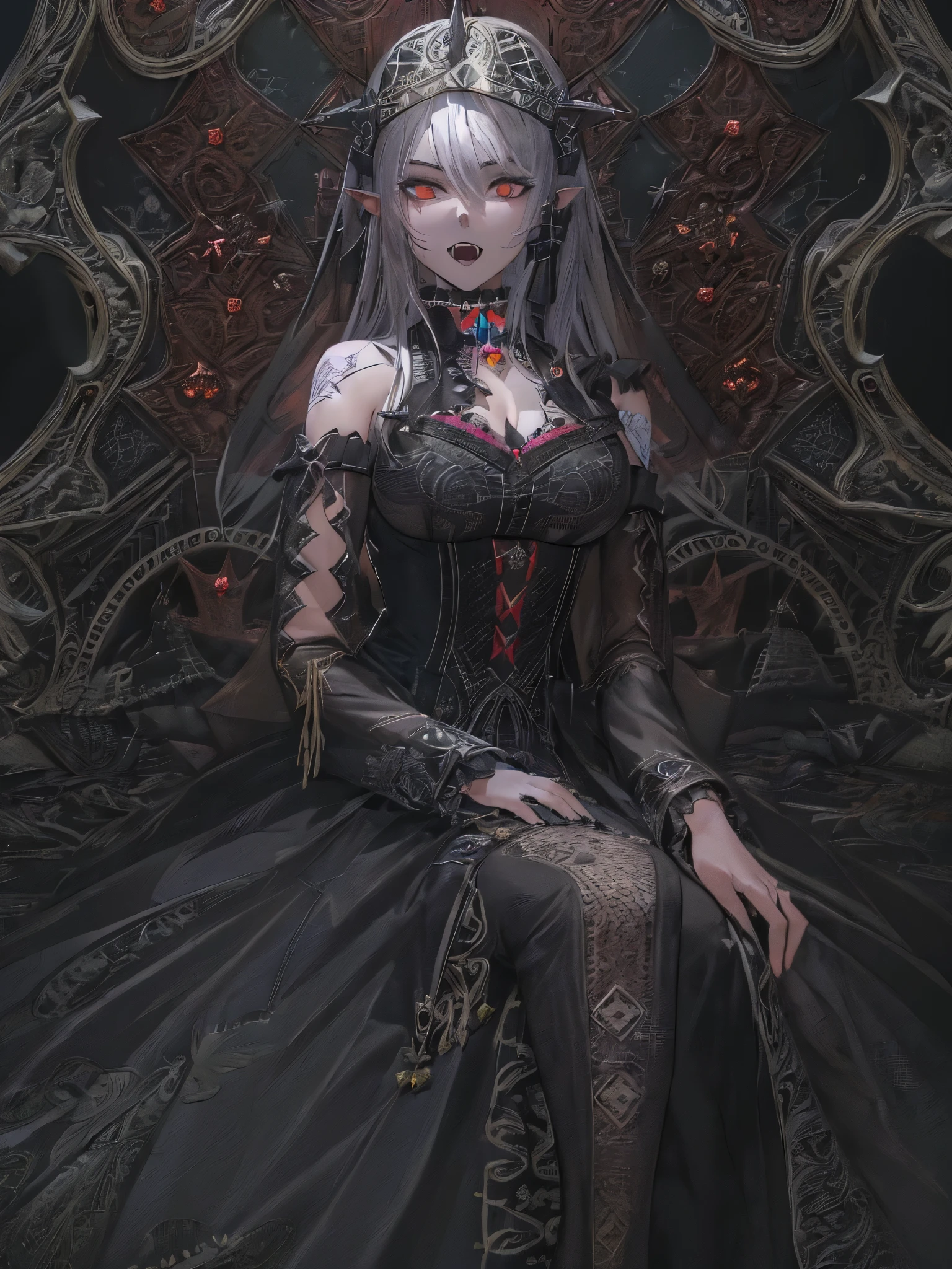 ((highest quality)),(Ultra-high resolution),(Very detailed),(Detailed Description),((The best CG)),(A masterpiece),Ultra-detailed art,Amazing drawing art,(Art with precise detail:1.5), (Female Devil:1.6),(Beautiful and well-proportioned face:1.5),smile:1.4,(Sharp, pointed canines:1.5),(A gothic dress with intricate and beautiful embroidery.:1.8),Black pearl:1.6, (A dark, flickering light:1.6),(Immoral and luxurious bed:1.5)