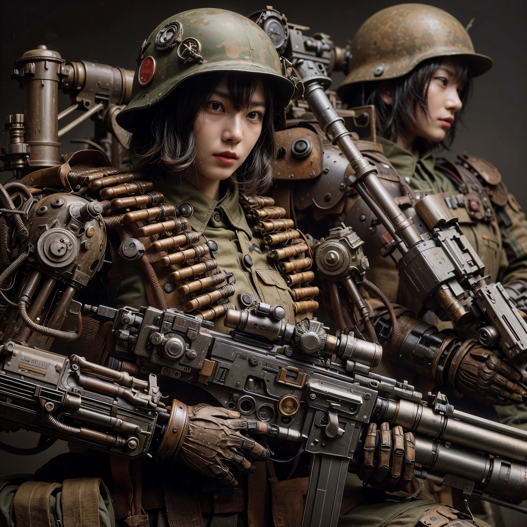 8K, Real Photo, Realistic Skin Texture, Super Realism, (WWII Era), (Mechanical Suit), Steampunk, Beautiful Forest Through Trees, Heavy Weapons, Vivid Textures, Beautiful Hair, Japanese Female Soldier, (Super Beautiful Face), Legs, ((Super Realistic All Textures)), ((Superall intricate details))), full body shot, super clear photo results, olive drab color, scratches, rust, weathering, sweat, action poses in motion, shot with Fujifilm X-T30 + Nokton. HDR10, minimum 4 images created.