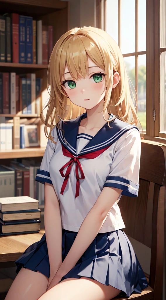 ((masterpiece,highest quality, High resolution)), One girl, alone, Green Eyes, Long blonde hair tied with a blue ribbon, Blunt bangs, Sitting, Arms folded on the table, Sleep arm in arm, , white serafuku, Red sailor collar, Short sleeve, White pleated skirt, (In the library), Dramatic Light, Next to the window, afternoon light through the window, afternoon, Bokeh effect