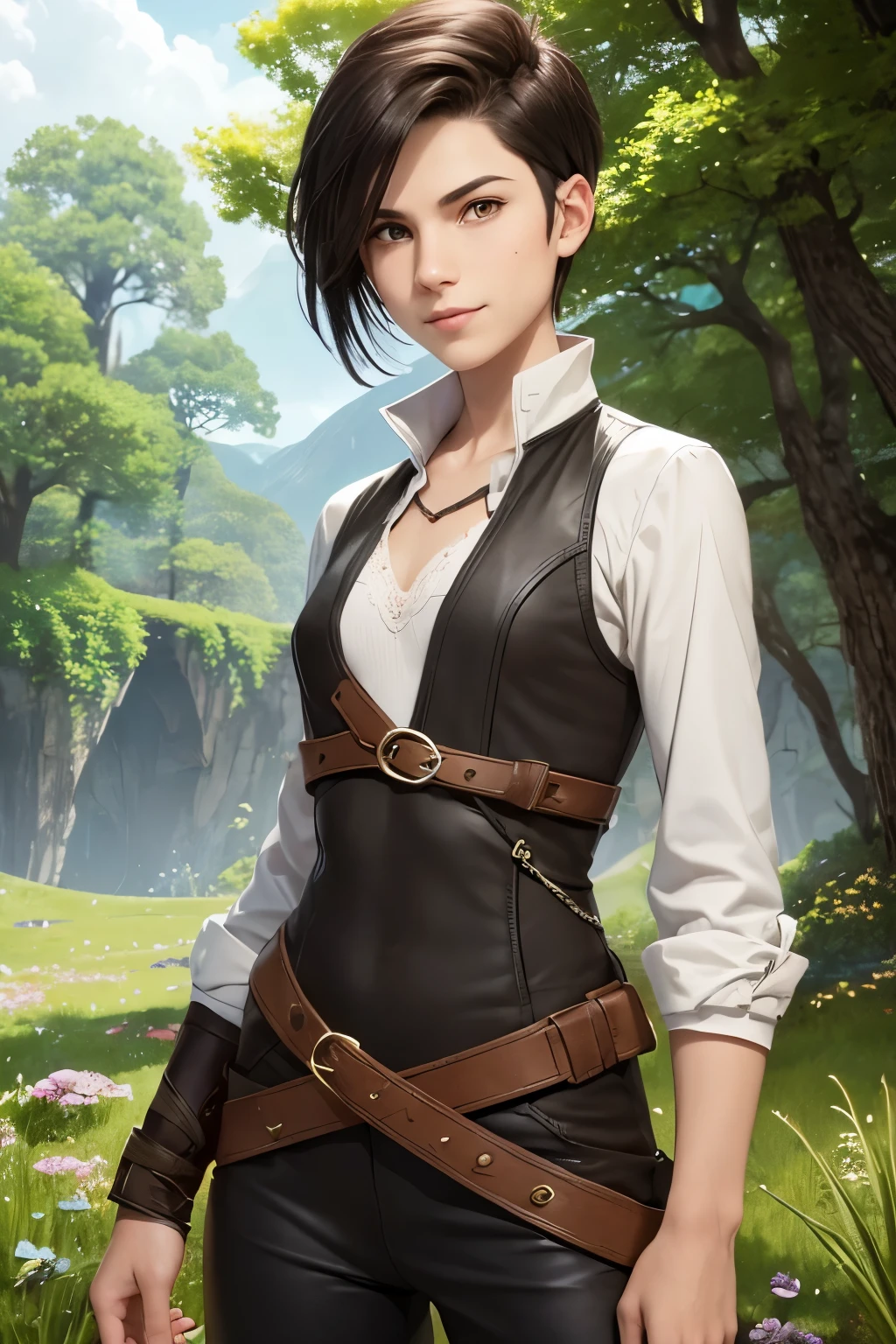 A happy young woman with an undercut in a fantasy setting. An adventurer and a ranger. Very androgynous looking. In a good mood. Sympathic. Tomboyish. Androgynous. Slim body. Very . Very small breasts. Wide hips. Thick legs. Face: Extremly pale skin with liverspots and freckles. Soft narrow face with a round chin. Soft small jaw. Big forehead. Very thin barely visible eyebrows. Upturned big dark-brown eyes. Dark-brown eyecolour. Very long and wide nose. Big curved lips. Very short dark-brown hair. A boyish short haircut. Undercut. Sides shaved. A tight fantasy outfit of a lonley adventurer and ranger. Background: green meadow and a blue sky.