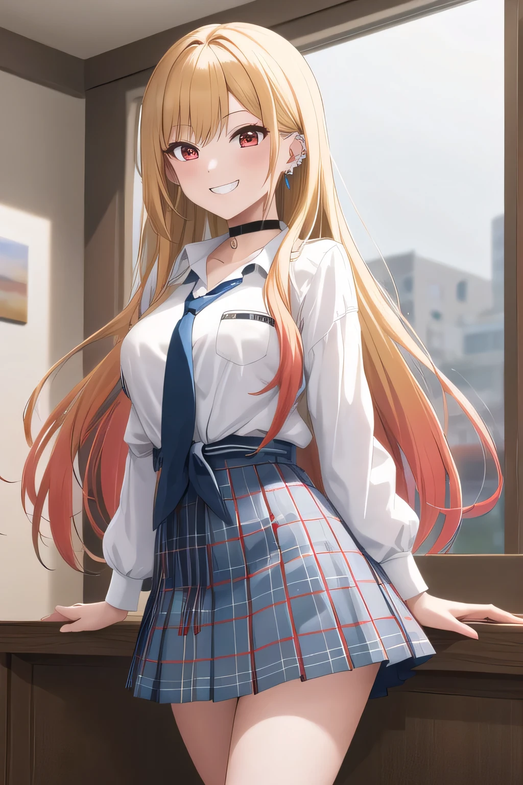 masterpiece, best quality, highres, kitagawa marin, 1girl, blonde hair, long hair, multicolored hair, red eyes, jewelry, earrings, piercing, , white shirt, tied shirt, black choker, blue necktie, plaid skirt, grin, smile, standing, cowboy shot, assied sur une chaise en classe