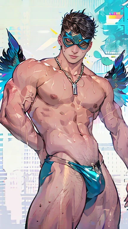 A handsome boy, , athletic build, ideal body, aesthetically beautiful, erotically tempting, seducing, offering himself With a beautiful sexy tango panti With round perfect buttocks, muscular, sweaty after a workout, In a Venetian mask with peacock and bird of paradise feathers, In White, red and gold colors, diamond chips all over the body